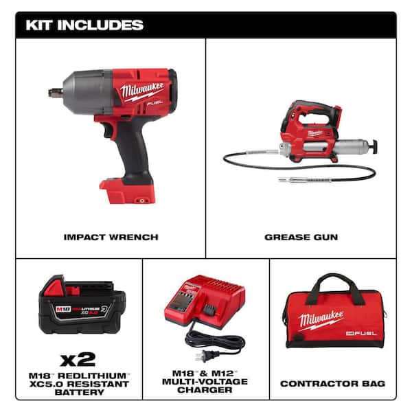M18 FUEL 18V Lithium-Ion Brushless Cordless 1/2 in. High-Torque Impact Wrench with Grease Gun Kit. Resistant Batteries