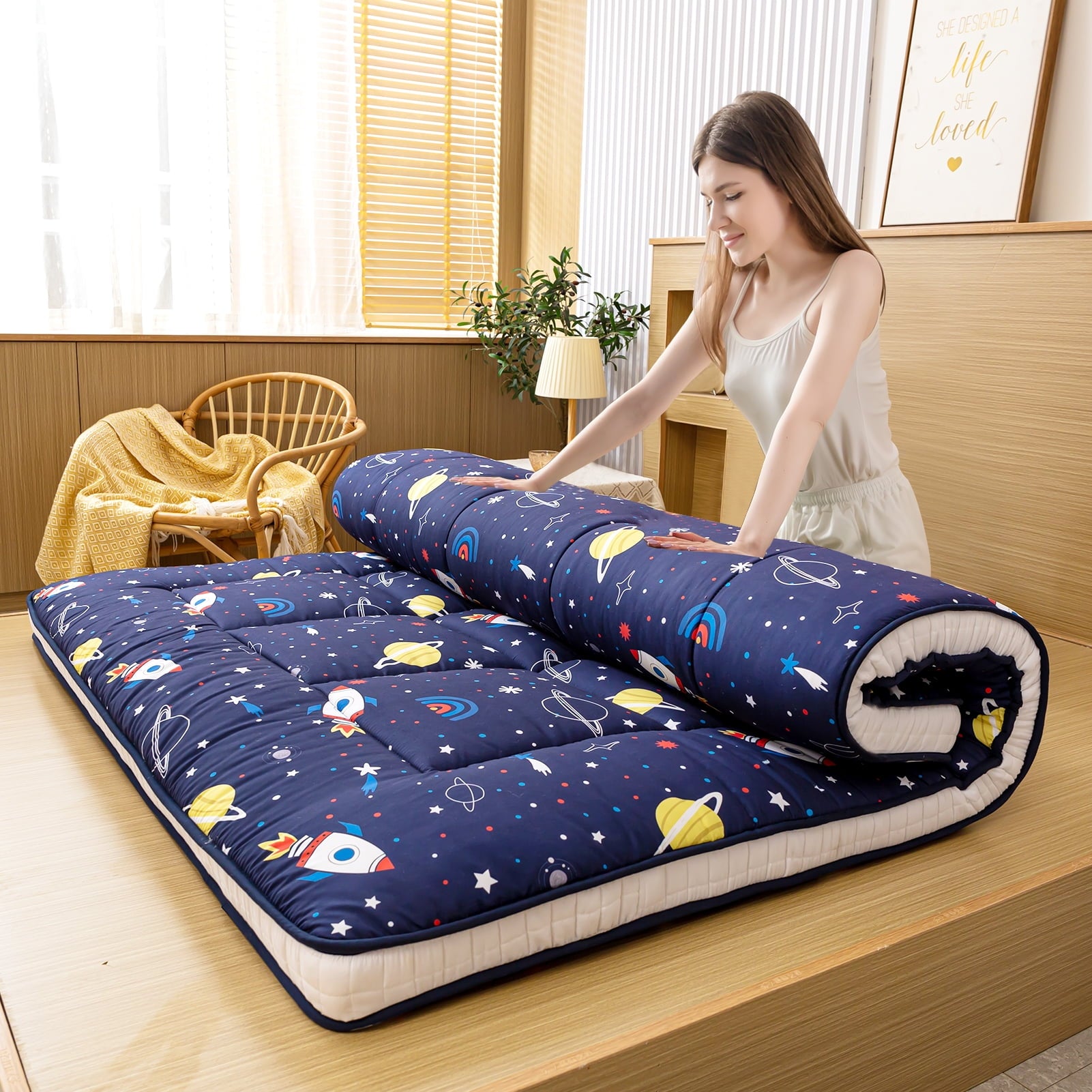Thick Futon Floor Mattress. Memory foam Padded Japanese Floor Mattress. Navy Space. Twin