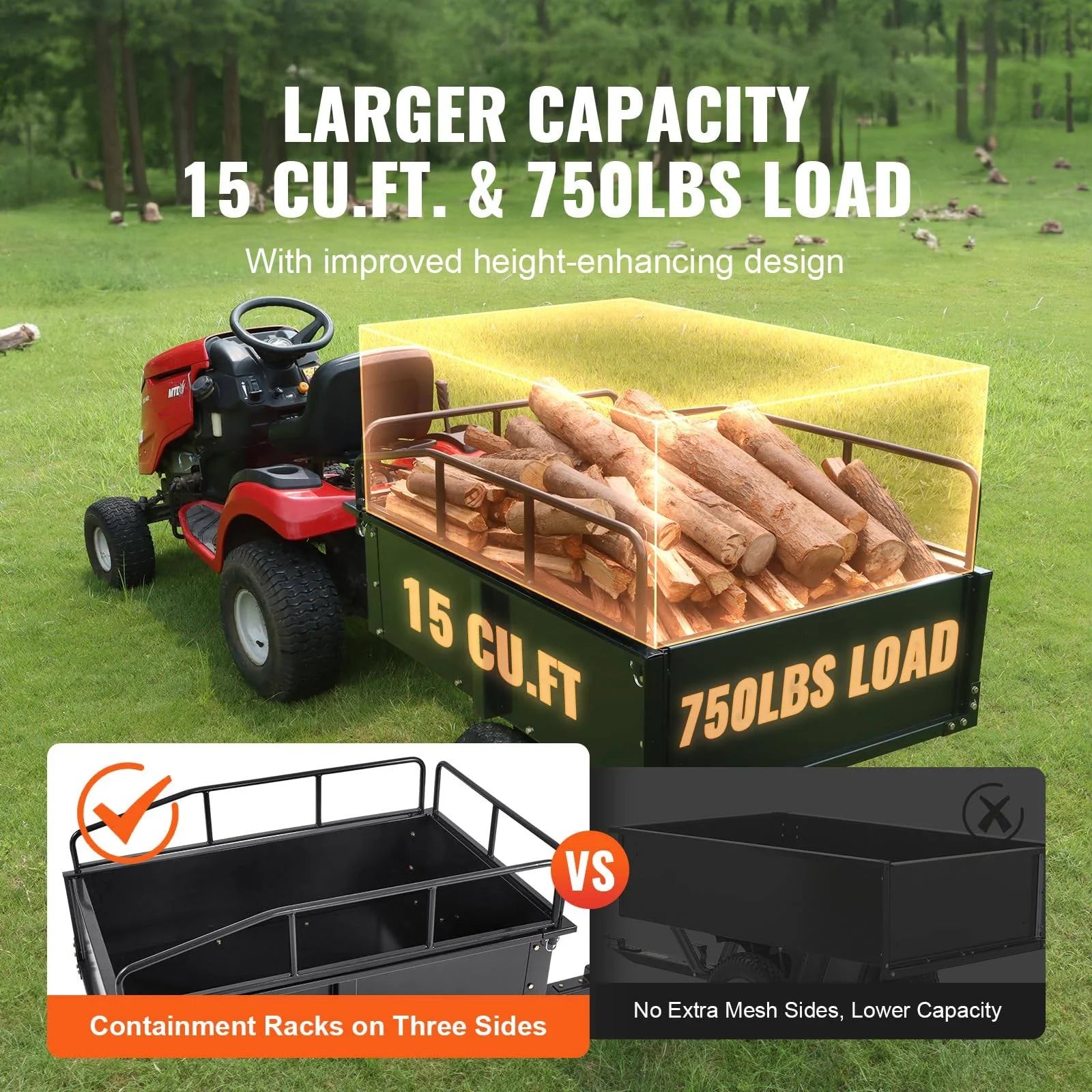 VEVOR ATV Trailer Heavy Duty Steel Dump Cart Tow Behind. 750 lbs 15 Cubic Feet. Garden Utility Trailer Yard Trailers with Removable Sides for Riding - MadeInUSA