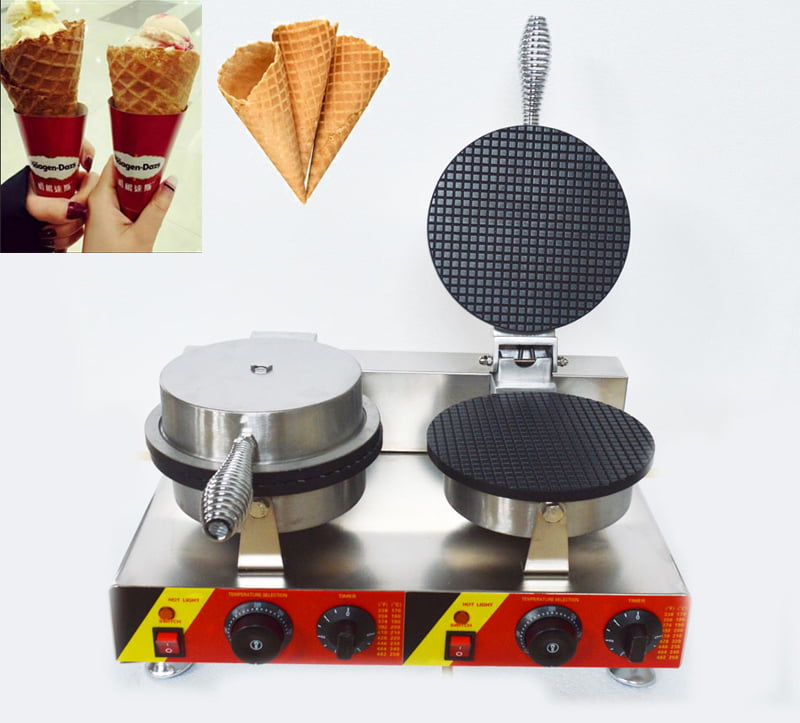 Electric Ice Cream Cone Maker Machine Double Station Baker for Round Cone Waffle Crispy Pancake Cooking