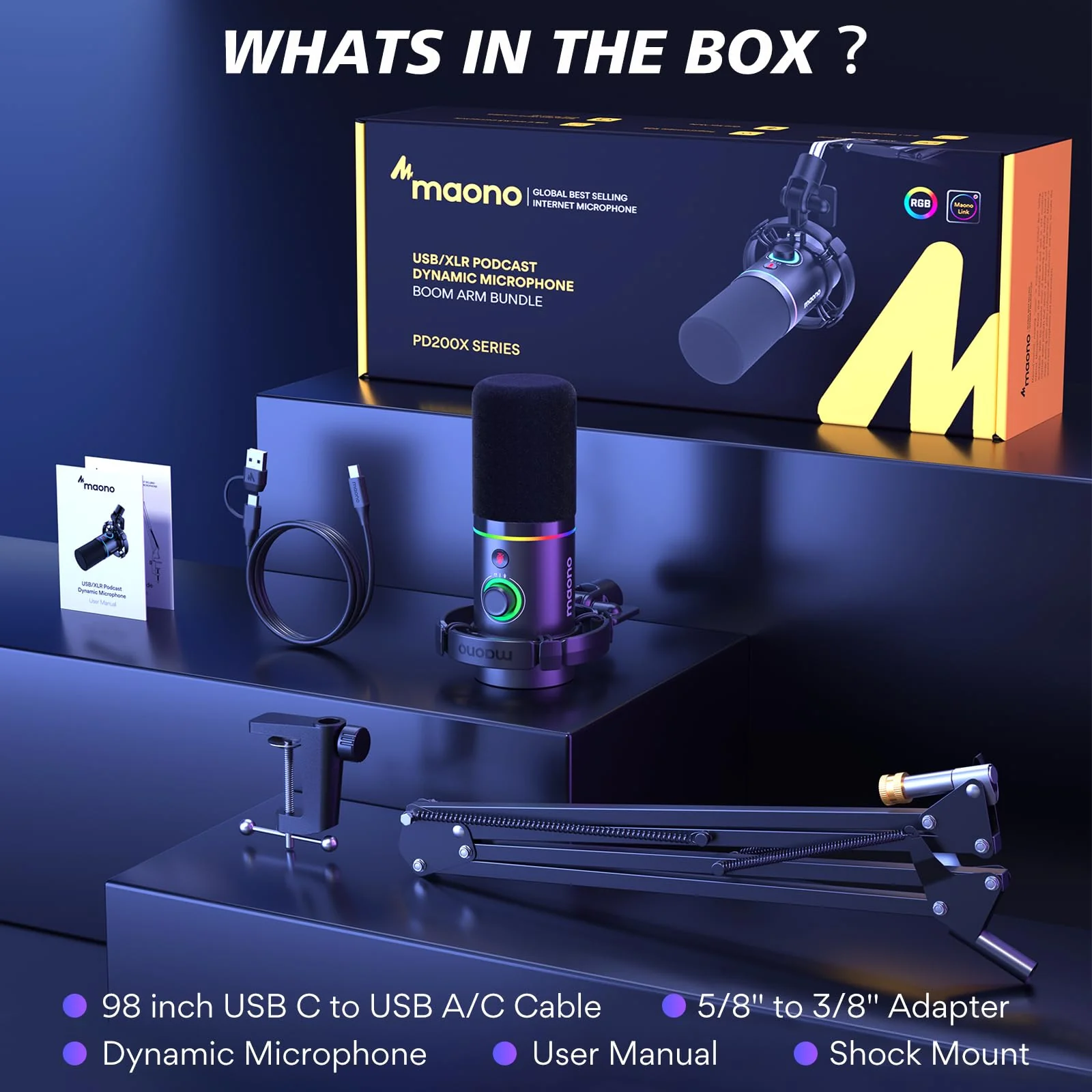 MAONO XLR/USB Dynamic Microphone Kit. RGB Podcast Mic