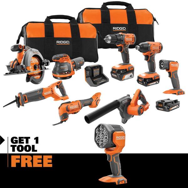 18V Cordless 8-Tool Combo Kit with (3) Batteries. Charger. and Bag with 18V Spotlight