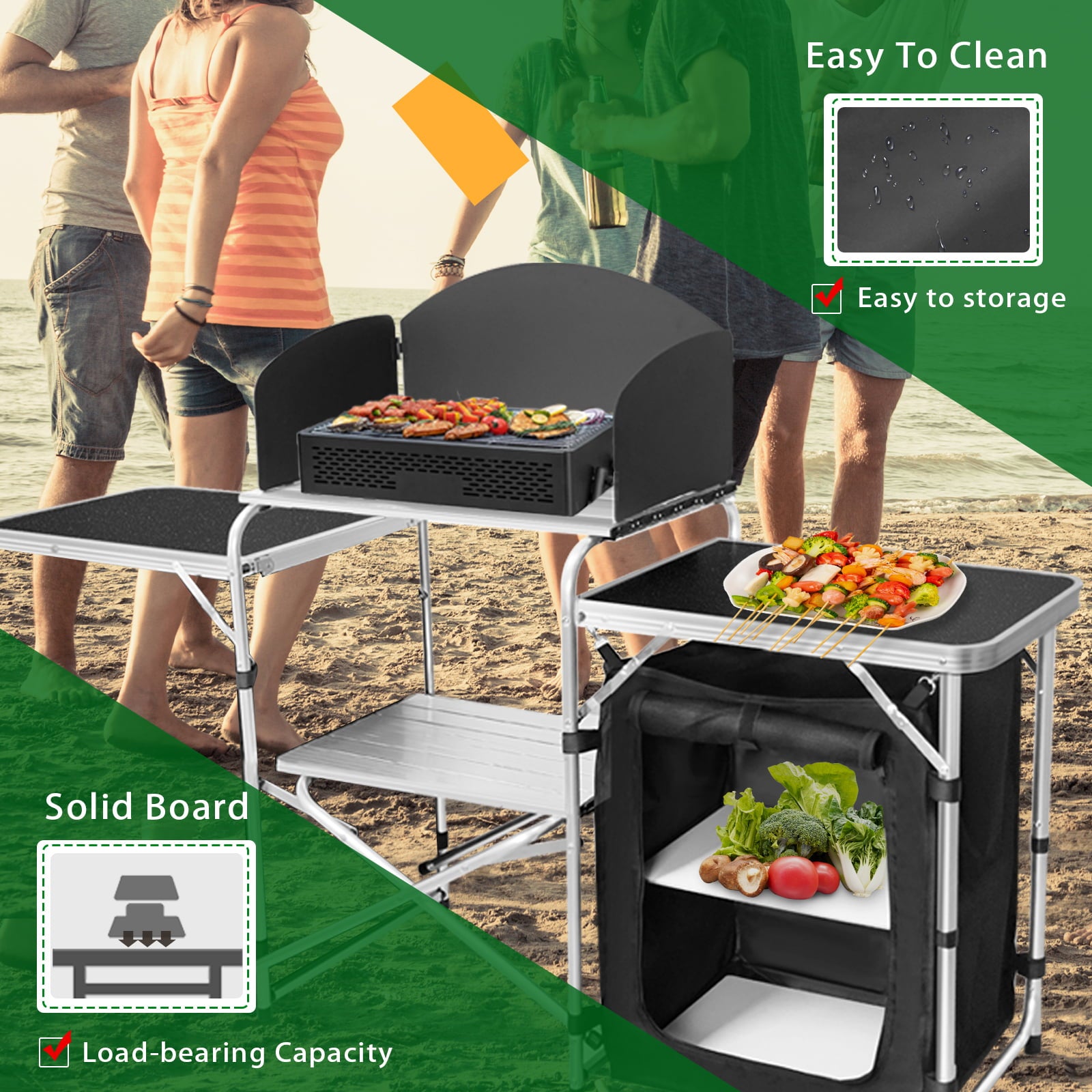 Camping Kitchen Station Aluminum Outdoor Cook Table Camping Table Black