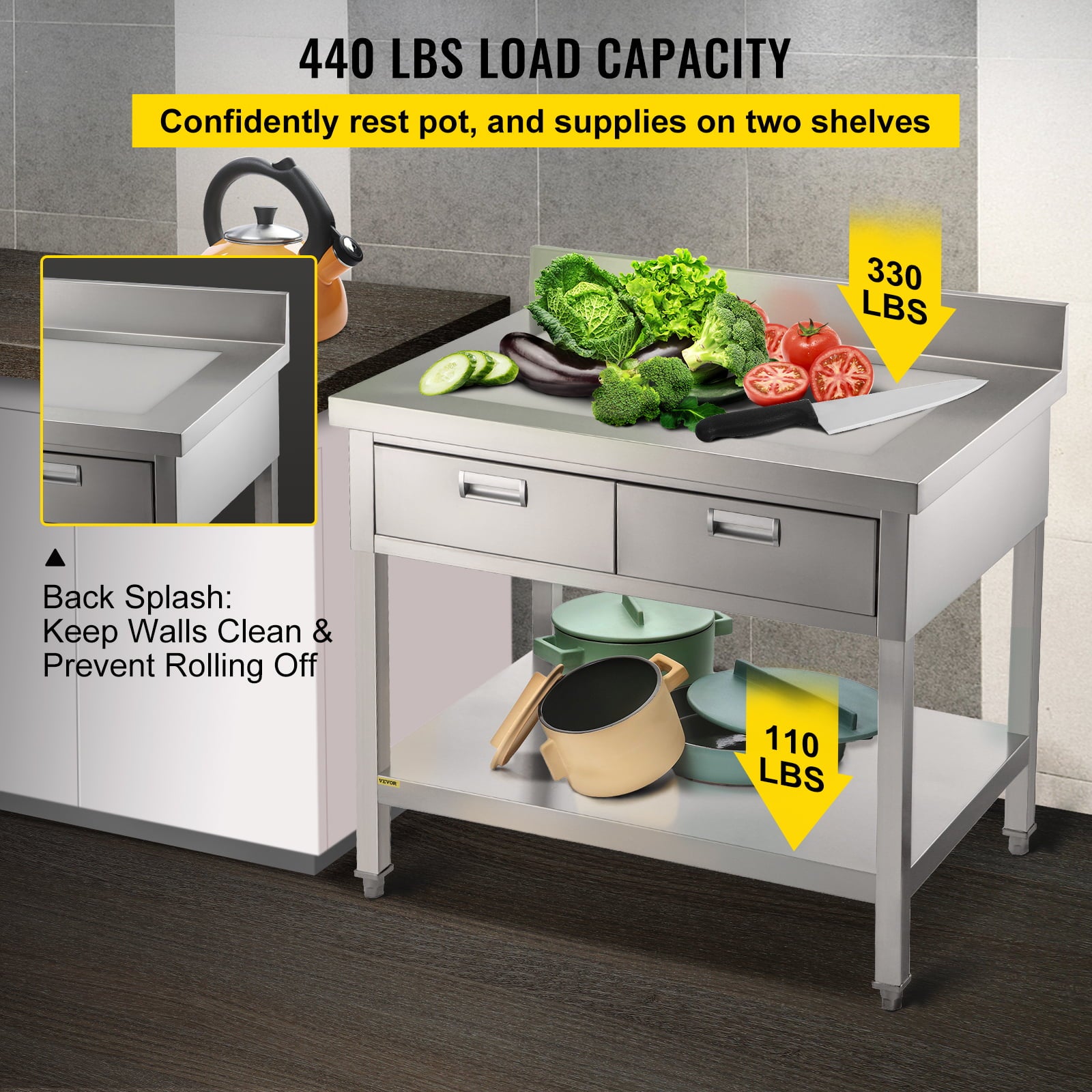 Commercial Work Table Workstation 24 x 42 Inches Commercial Food Prep Work Table with 2 Drawers. Undershelf and Backsplash. 992 lbs Load Stainless-Steel Kitchen Island for Restaurant. Home and Hotel