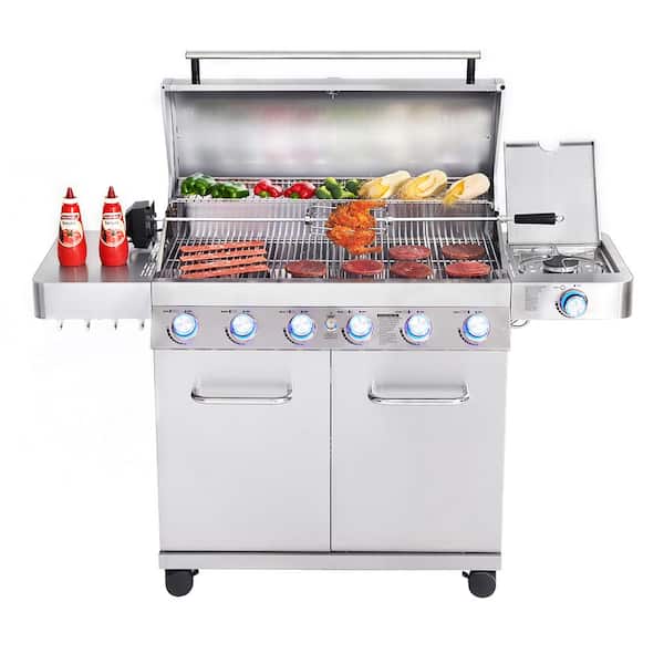 6-Burner Propane Gas Grill in Stainless with LED Controls. Side Burner and Rotisserie Kit