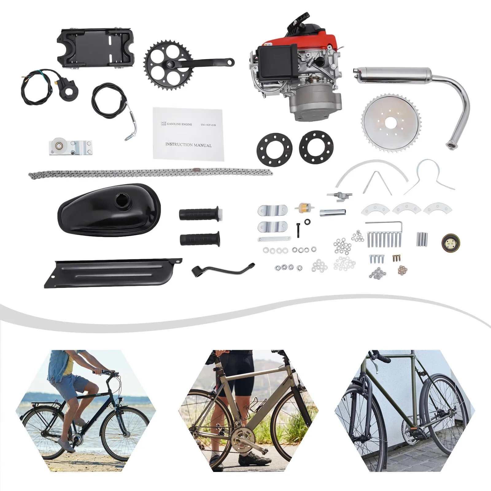 Anqidi Full Set 4-Stroke 53CC Bicycle Engine Kit Gas Motorized Bike Electric Bicycle Engine Motor Complete Kit Gasoline Powered Engine TCI Ignition 1.5KW 6800Rpm - MadeInUSA