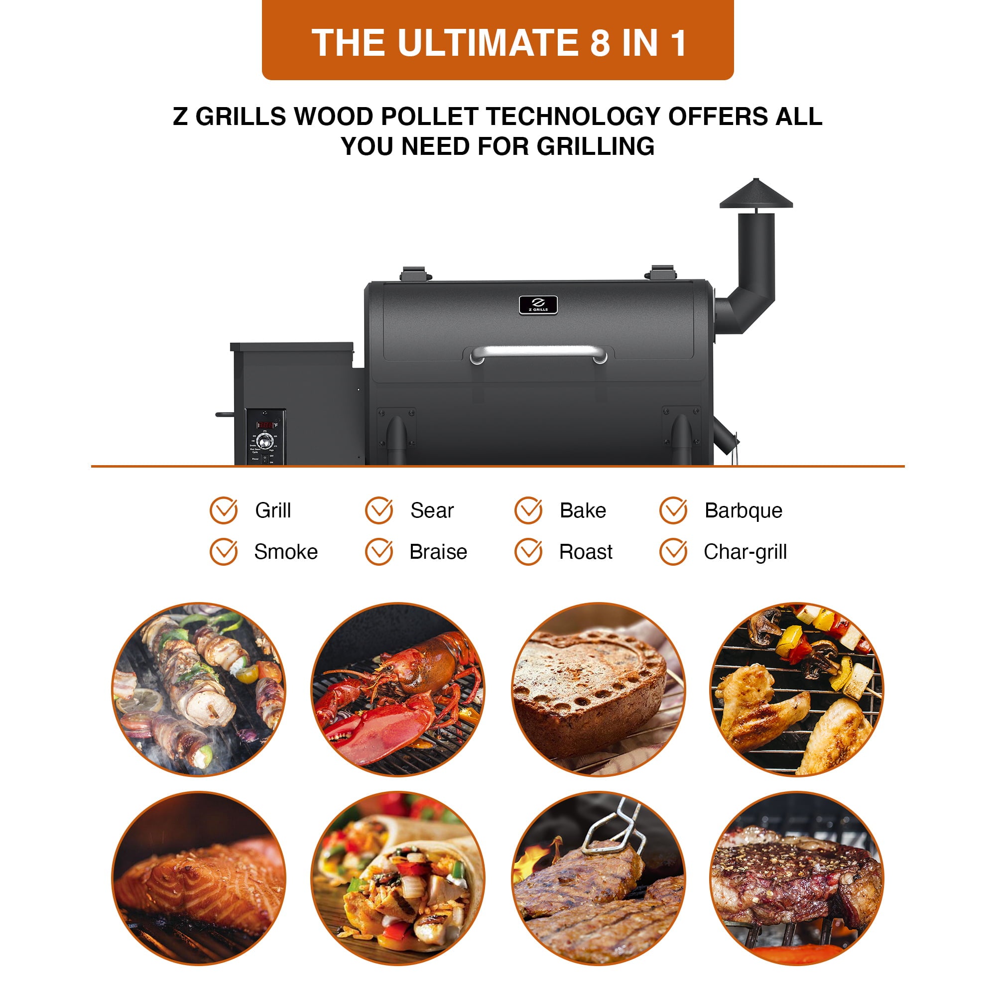 GRILLS ZPG-550B 560 sq. in. Wood Pellet Grill and Smoker 8-in-1 BBQ Black