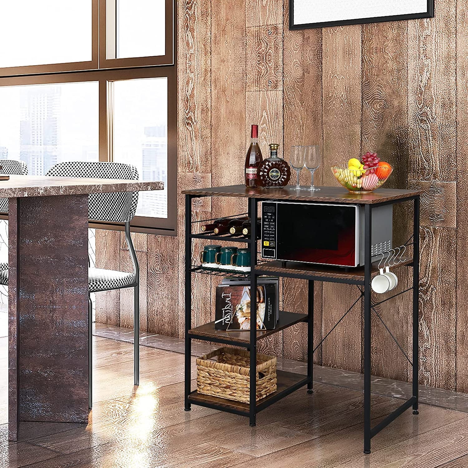 Microwave Stand 4-Tiers Kitchen Storage Fit Mini Fridge Baker��s Rack Shelving Utility Coffee Bar with Big Drawer Wine Rack Metal Frame Industrial Workstation Organizer Kitchen Decor