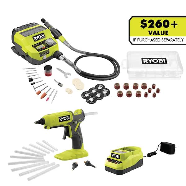 ONE+ 18V Cordless 2- Tool Combo Kit with Rotary Tool Station. Dual Temperature Glue Gun. 2.0 Ah Battery and Charger