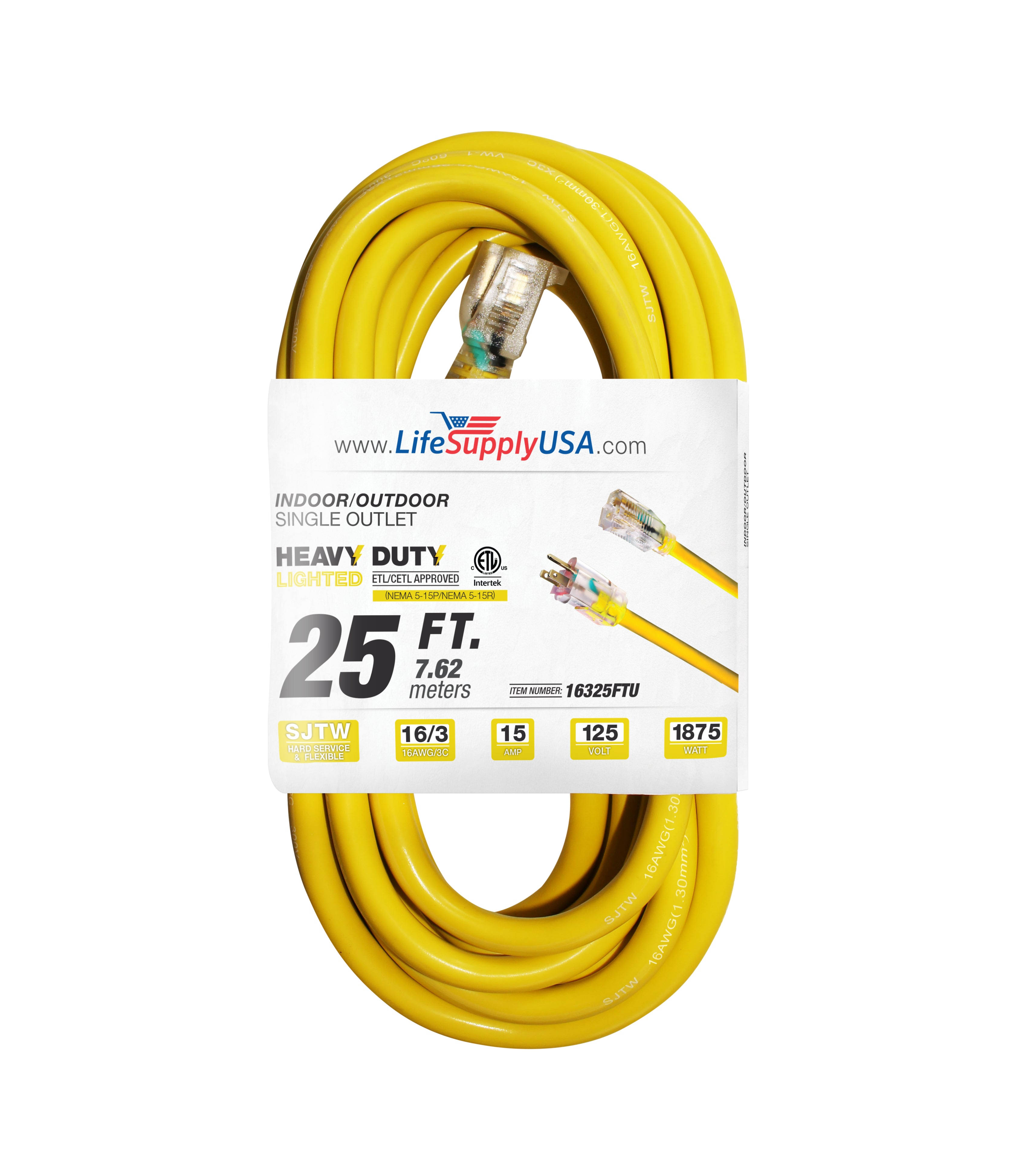 LifeSupplyUSA 25-ft 16 / 3-Prong Indoor/Outdoor SJTW Heavy Duty Lighted Extension Cord in Yellow | 16325FTU
