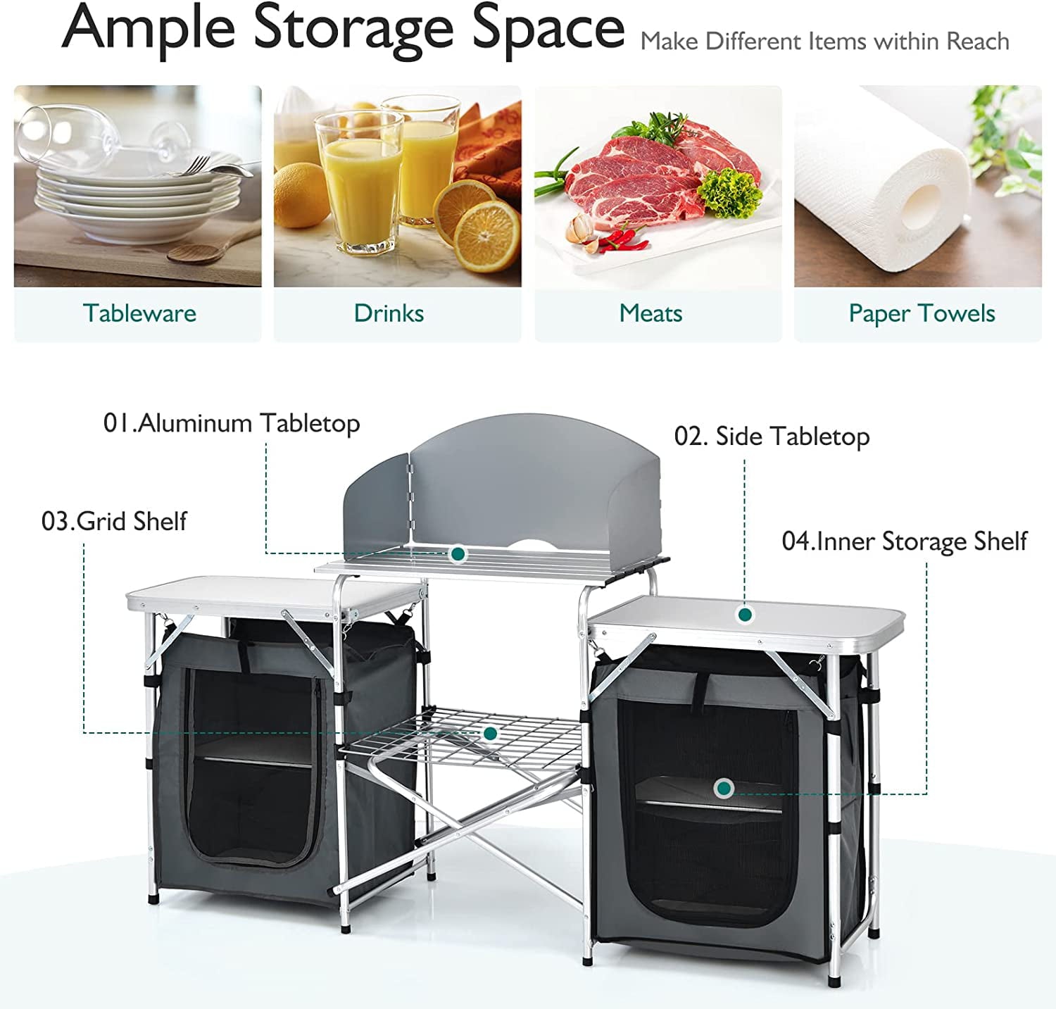 Camping Kitchen Table with Storage. Aluminum Portable Outdoor Cooking Table with Windscreen. Foldable Camp Table Cook Station for BBQ. Grill. Party. Picnics