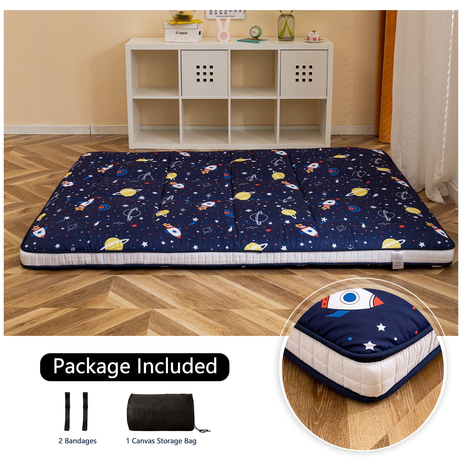 Thick Futon Floor Mattress. Memory foam Padded Japanese Floor Mattress. Navy Space. Twin