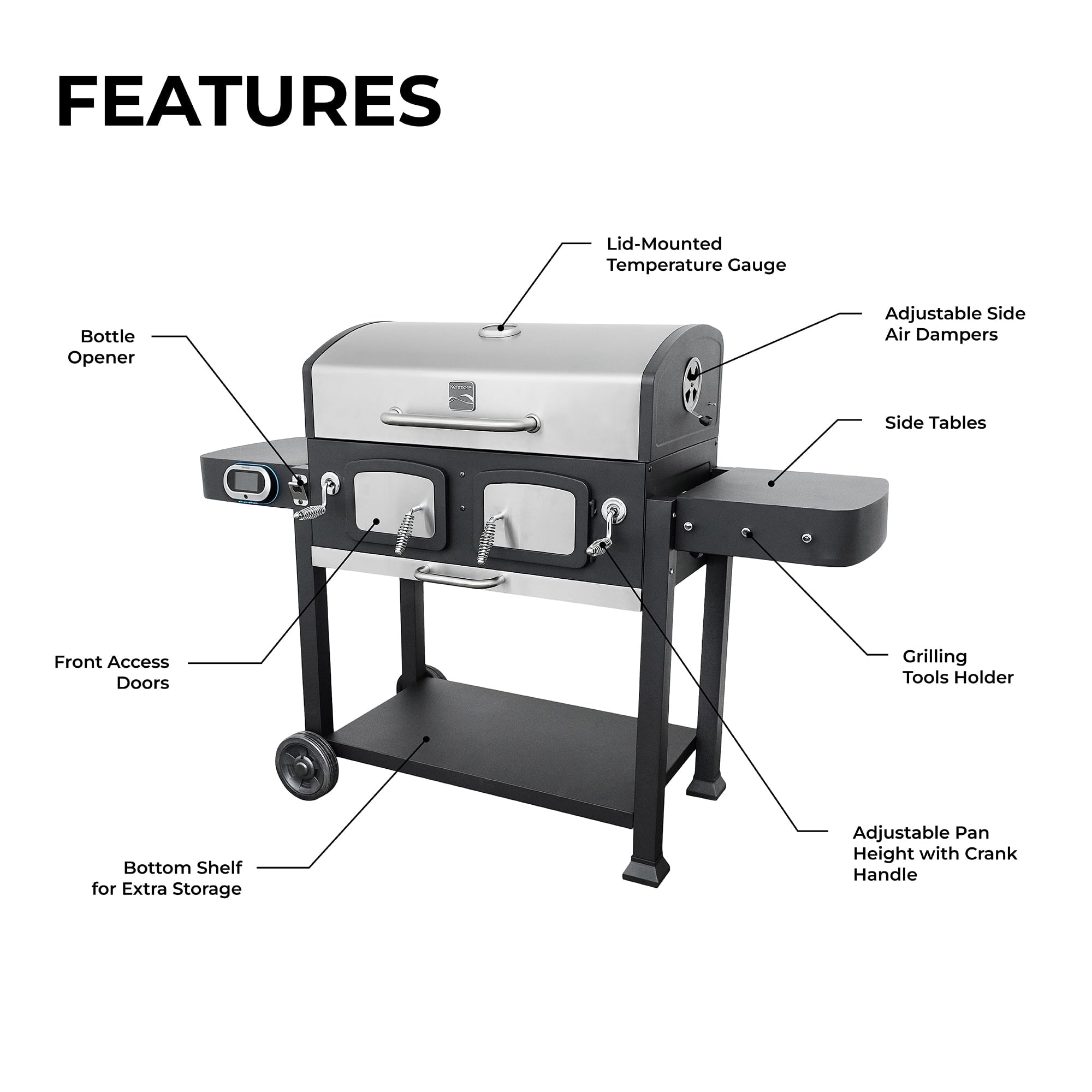 32-inch Smart Charcoal Grill with Bluetooth Meat Thermometer. LCD Display. and Temperature Probes. Stainless Steel/Black