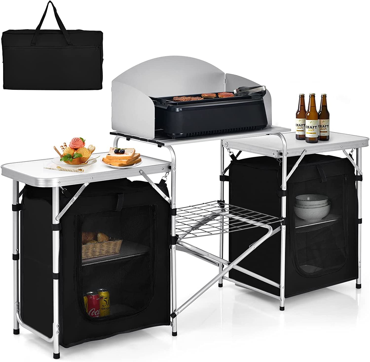 Camping Kitchen Table with Storage. Aluminum Portable Outdoor Cooking Table with Windscreen. Foldable Camp Table Cook Station for BBQ. Grill. Party. Picnics
