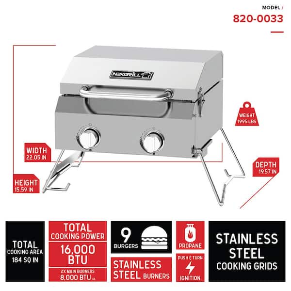 2-Burner Portable Propane Gas Table Top Grill in Stainless Steel