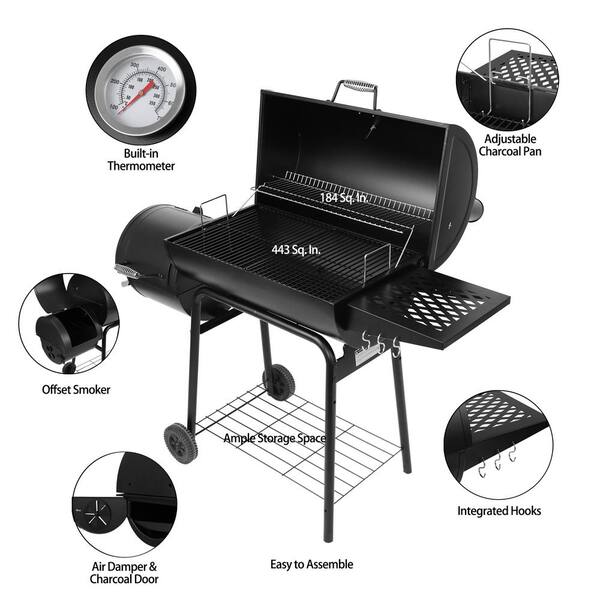 30 in. Smoker Black Barrel Charcoal Grill with Offset Smoker with Cover For Outdoor. Backyard Cooking