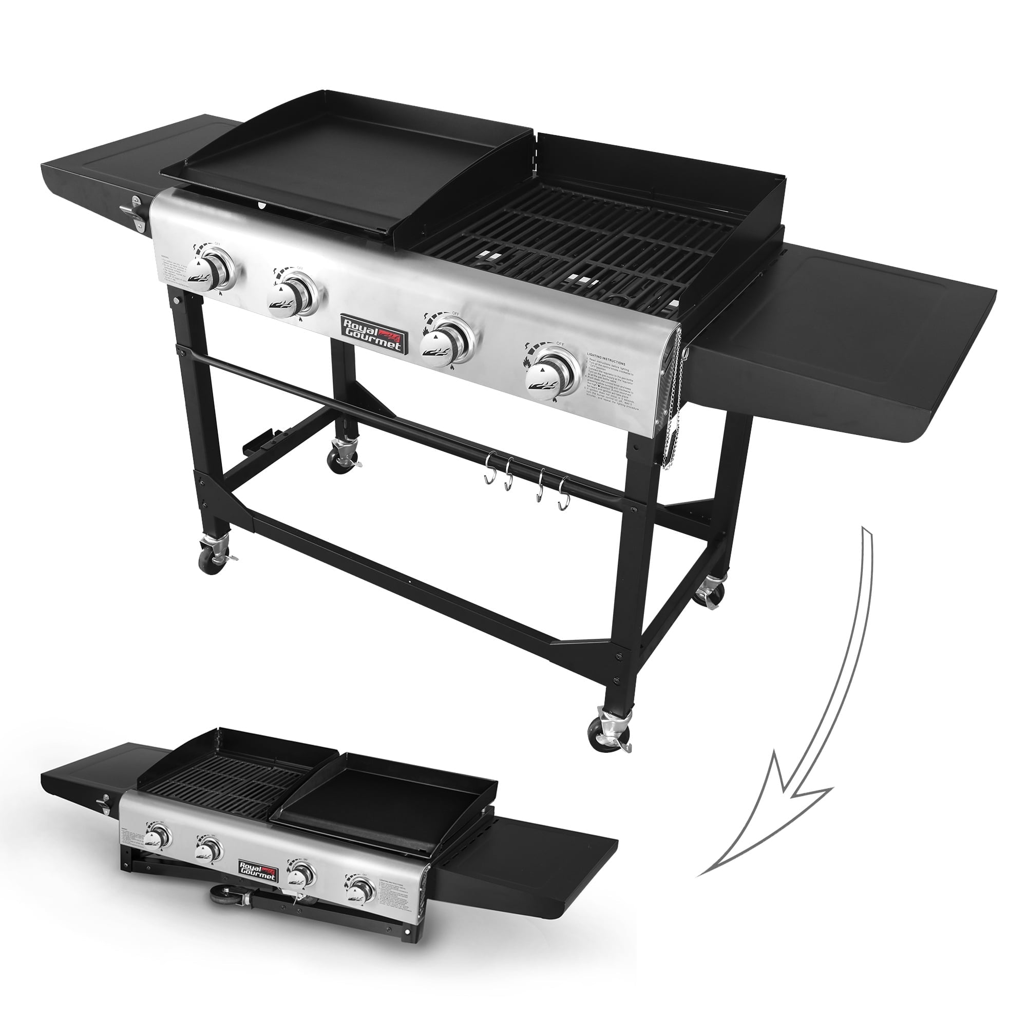 Gourmet 4-Burner GD401 Portable Flat Top Gas Grill and Griddle Combo with Folding Legs