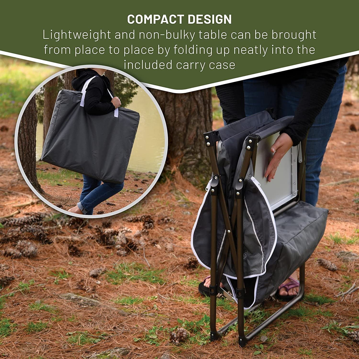 Folding Kitchen Lightweight Portable Aluminum Storage and Carry Bag. Camp Cook Station. Foldable Grill Table for BBQ. Picnic. Backyard. 42.13X13.58X31.3/33.46 inches. Gray