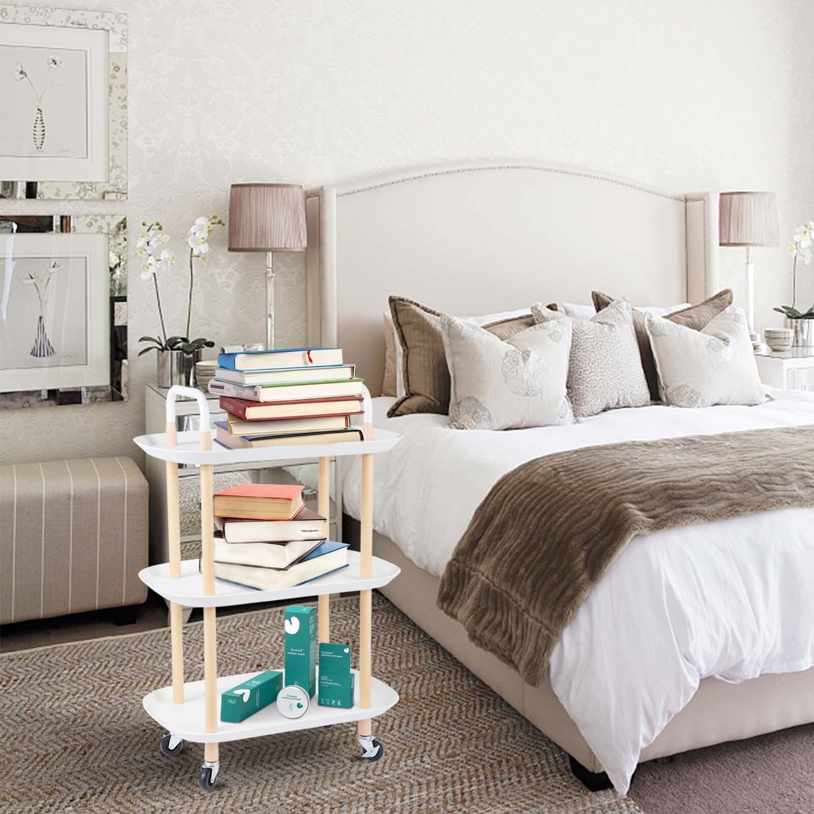 3 Tier Rolling Utility Cart Storage Organizer Service Cart with Handle and Locking Wheels for Home. Bathroom. Office. Kitchen. Coffee Bar. Microwave Cooking Station. White