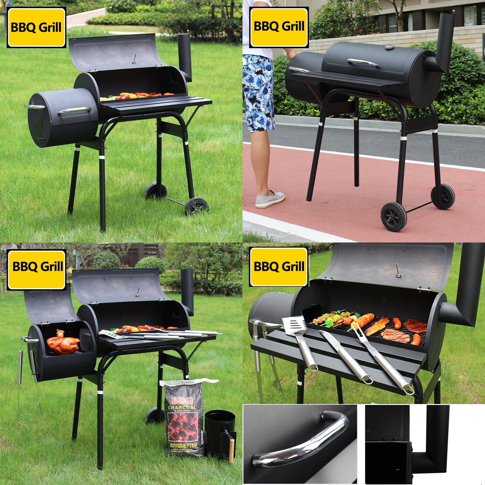 Outdoor Portable BBQ Charcoal Grill with Offset Smoker. Black