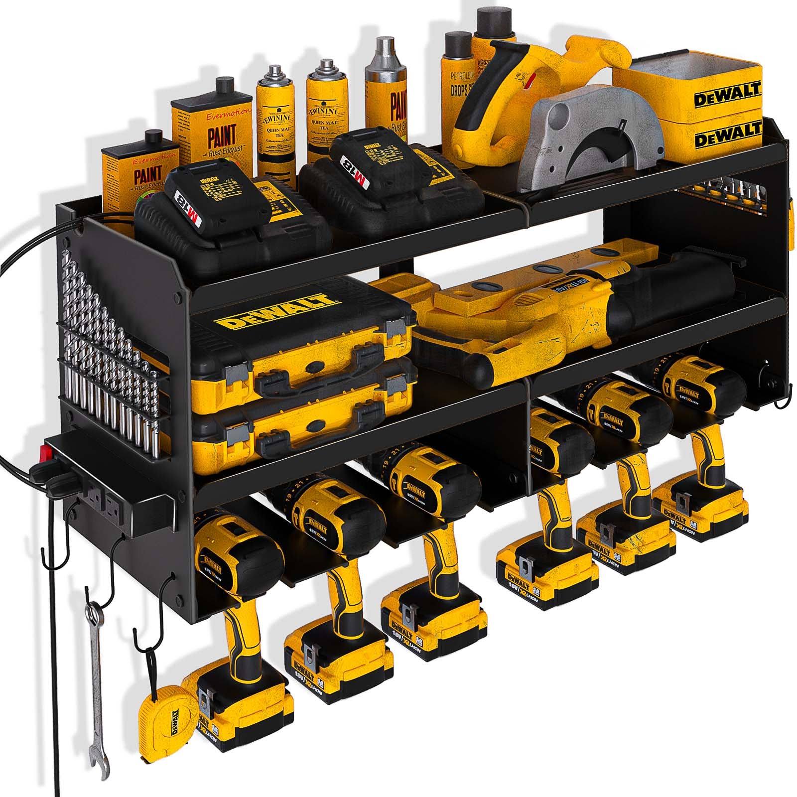 Spampur Power Tool Organizer, Garage Organization with 6 Drill Holders Wall Mount, 3 Layers Heavy Duty Metal Premium Garage Utility Tool