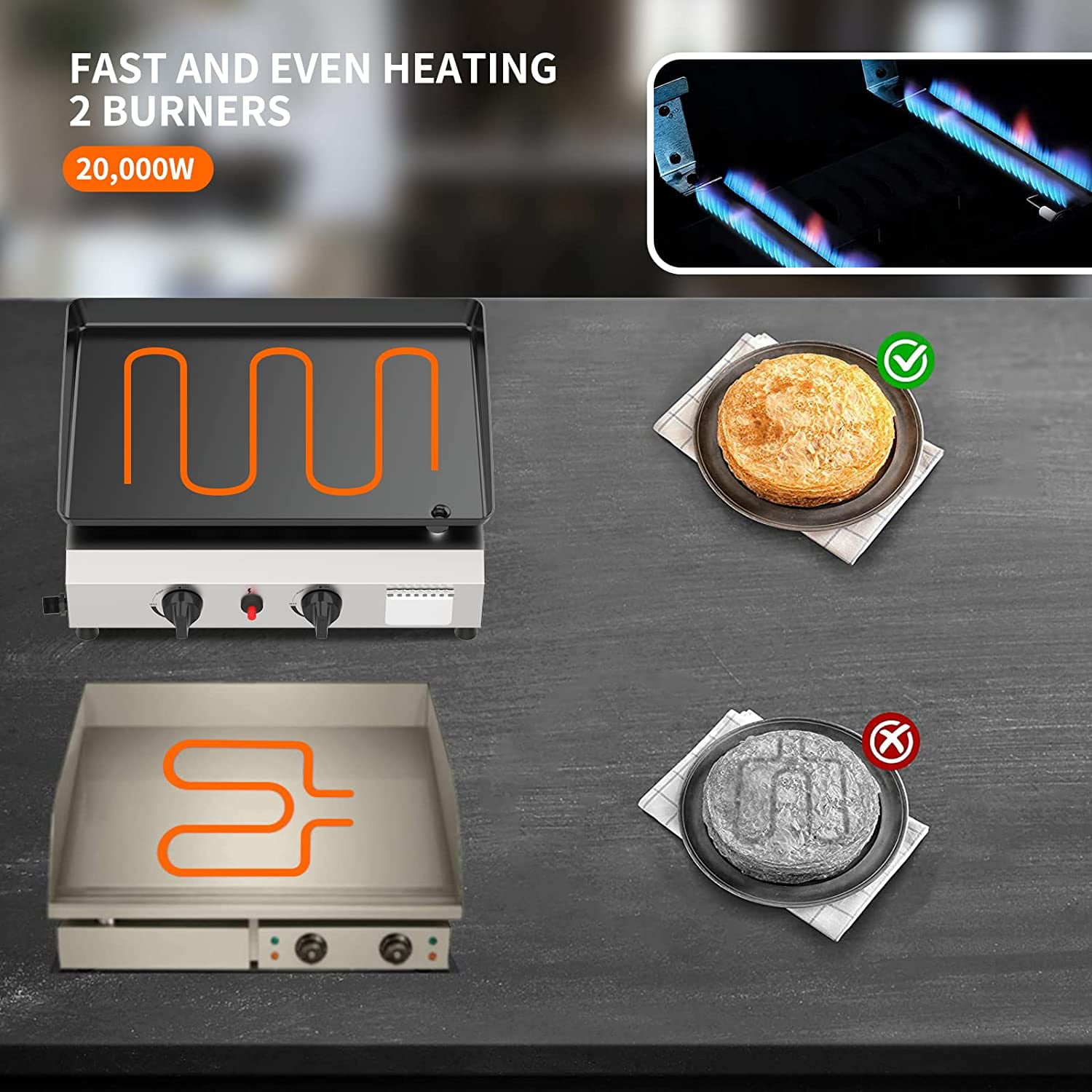 2/3/4 Burner Gas Griddle-Outdoor Propane Griddle-BTU Propane Fuelled. Portable Flat Top Gas Grill Camping Griddle Station with Side Shelves for Kitchen