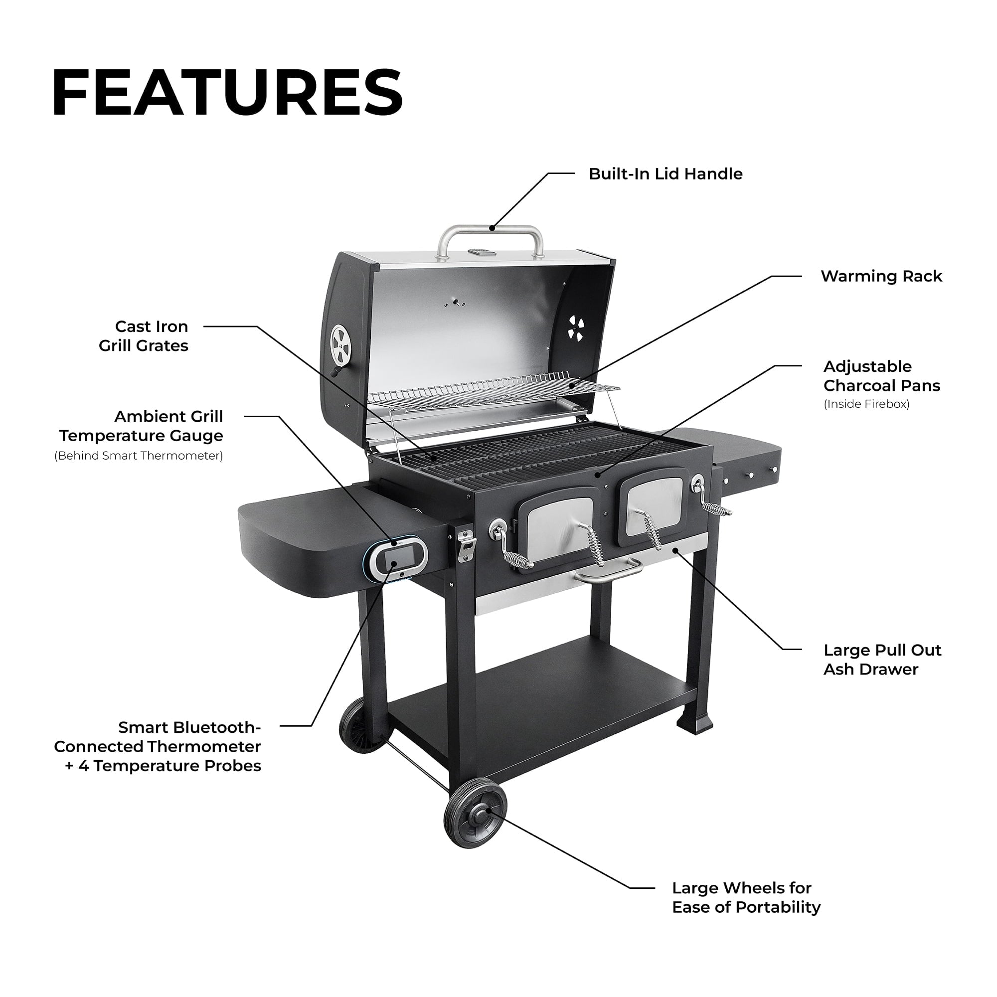 32-inch Smart Charcoal Grill with Bluetooth Meat Thermometer. LCD Display. and Temperature Probes. Stainless Steel/Black