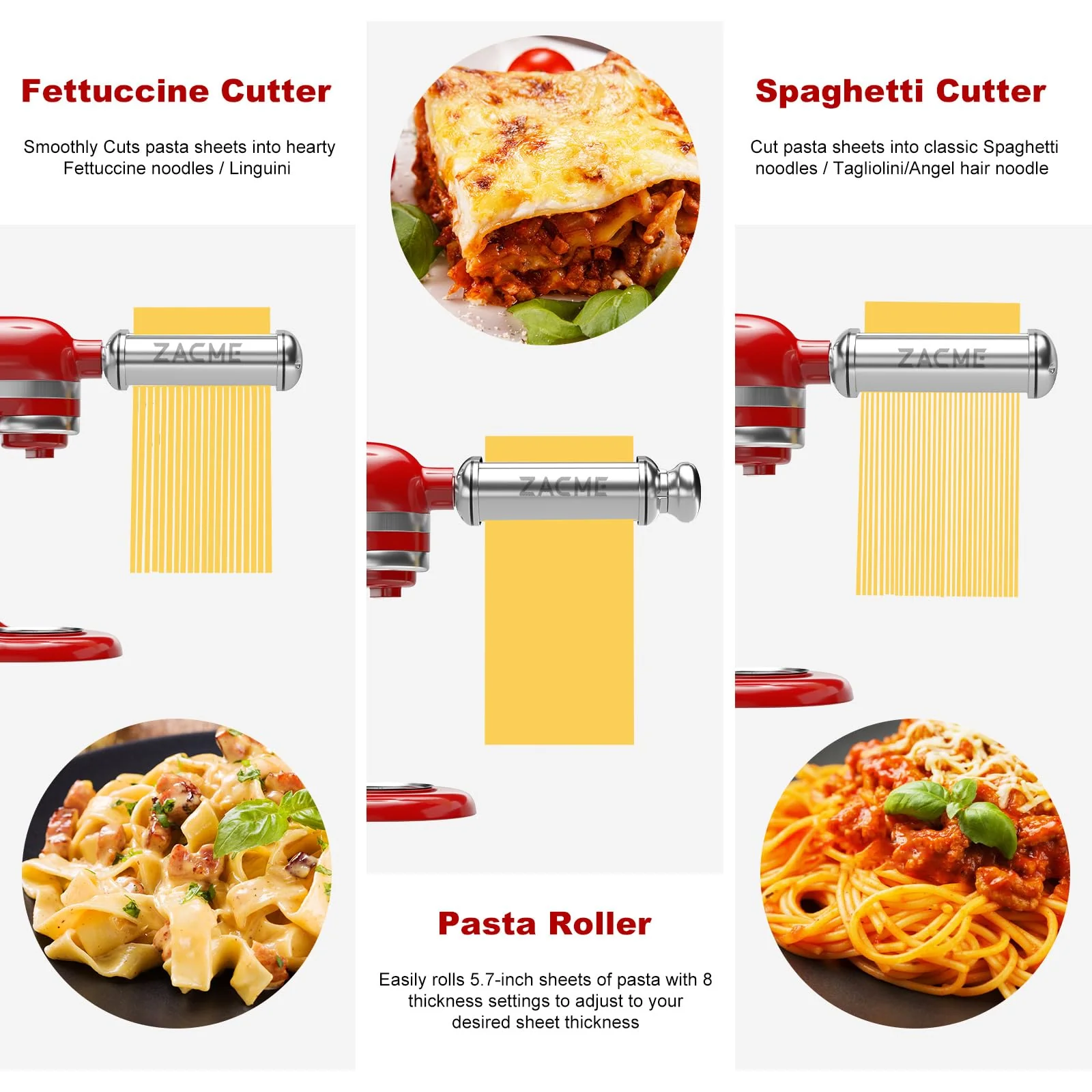 ZACME 3 Piece Pasta Maker Attachment Set for All KitchenAid Stand Mixer