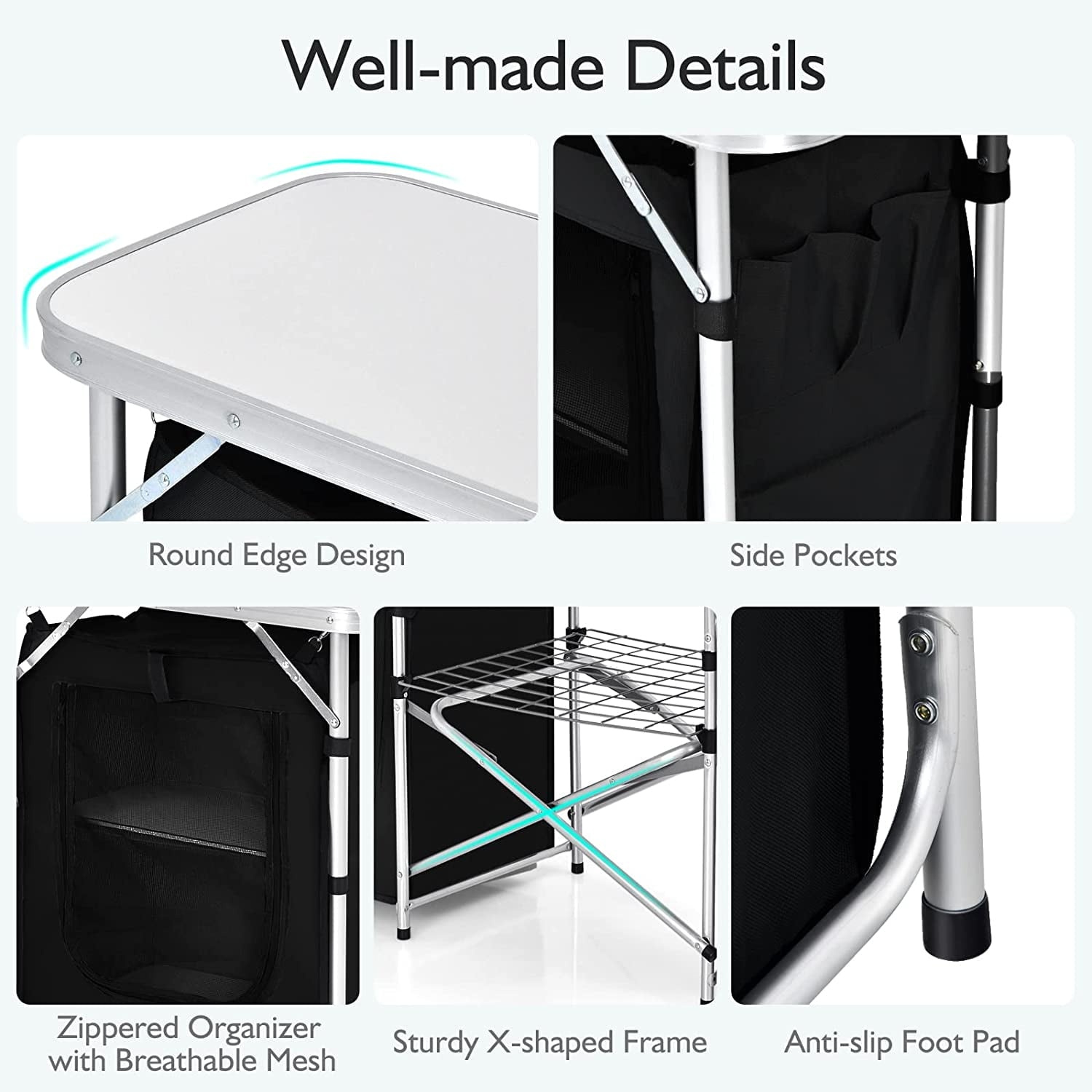 Camping Kitchen Table with Storage. Aluminum Portable Outdoor Cooking Table with Windscreen. Foldable Camp Table Cook Station for BBQ. Grill. Party. Picnics