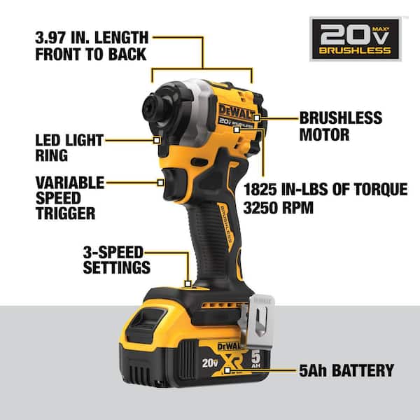 ATOMIC 20V MAX Lithium-Ion Cordless 1/4 in. Brushless Impact Driver Kit. 5 Ah Battery. Charger. and Bag