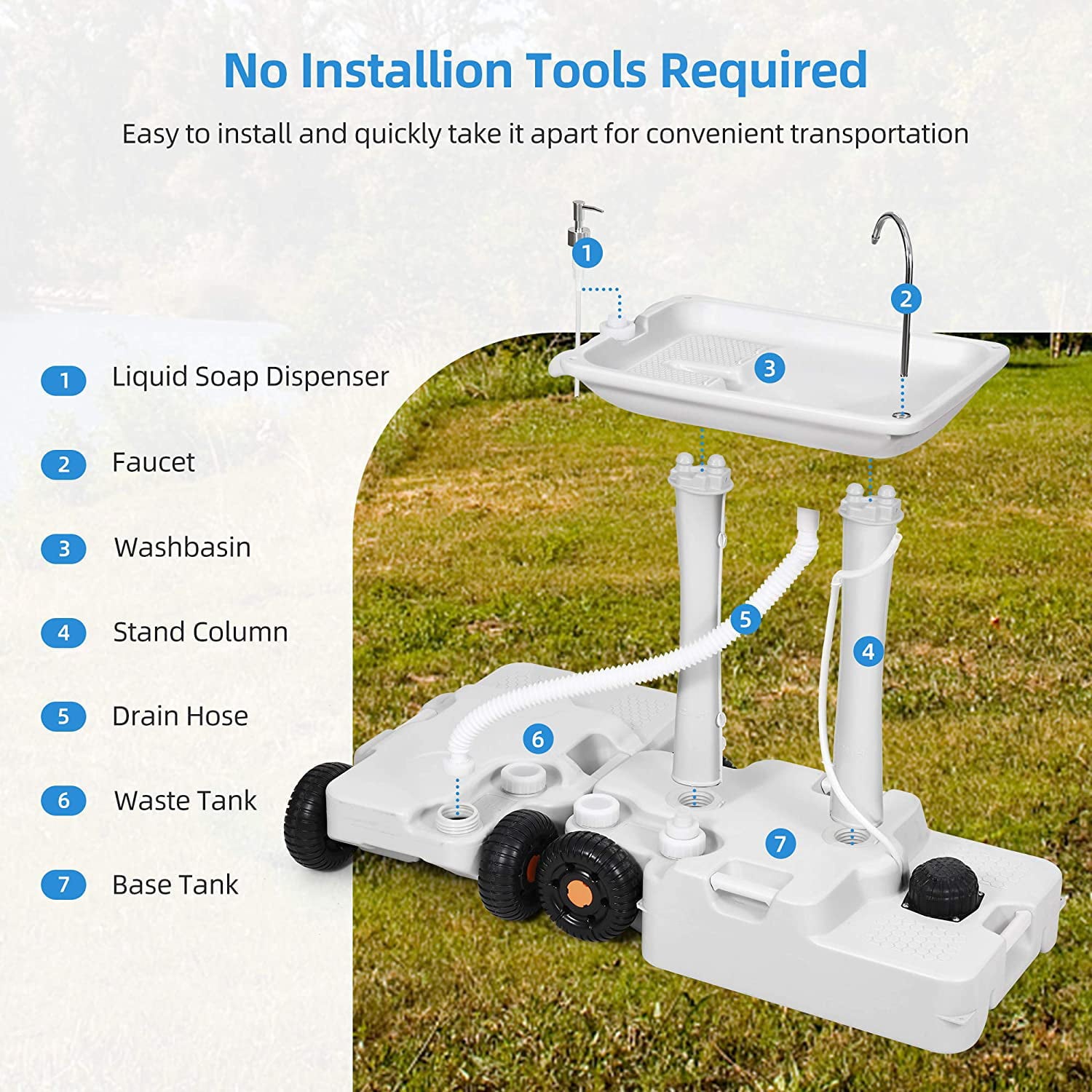 Portable Sink Camping 30 L with Rolling Wheels. Hand Washing Station with 30 L Sewage Tank. Rolling Wheels. Soap Dispenser. Towel Holder. Ideal for Outdoor. White