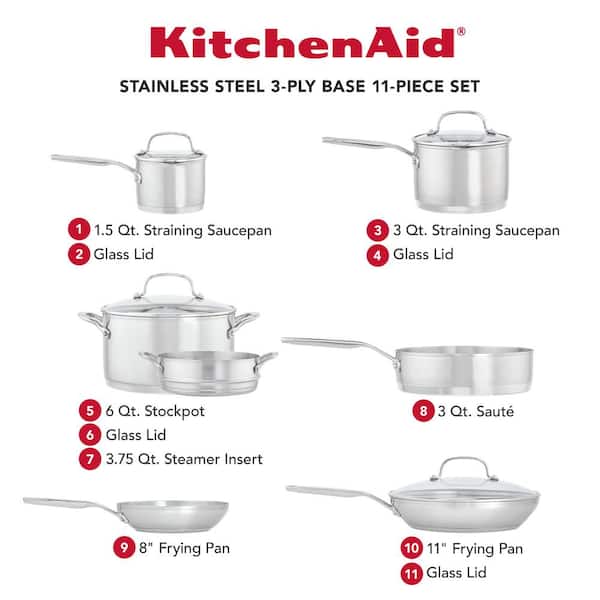 11-Piece 3-Ply Base Stainless Steel Cookware Set. Silver