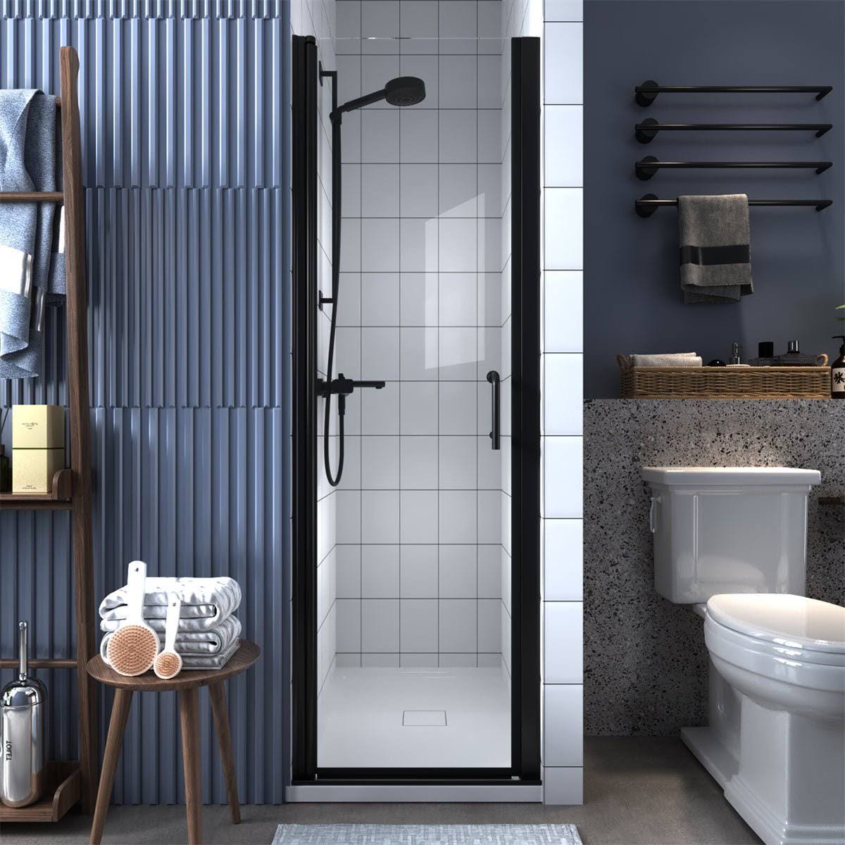 ExBrite 24-25.5 in. W x 72 in. H Small Shower Door Hinged Pivot Black Install Clear Glass Shower Door