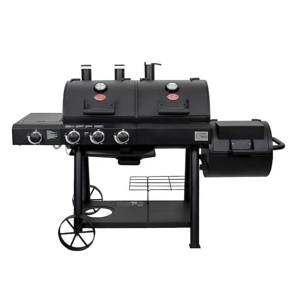 Texas Trio 4-Burner Dual Fuel Grill with Smoker in Black