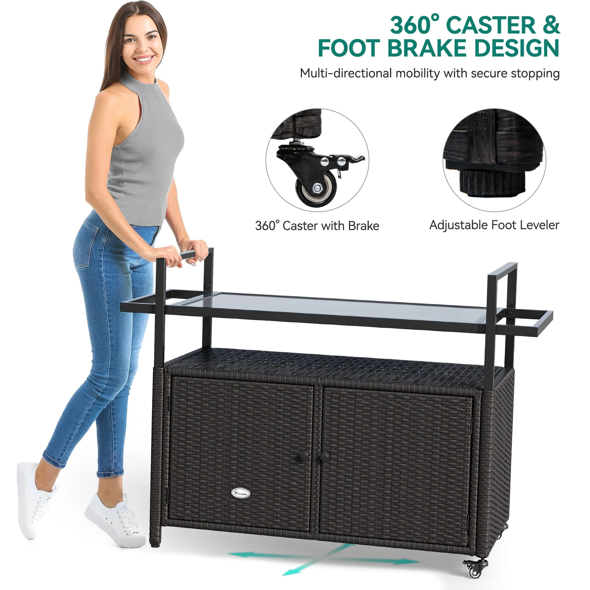 YITAHOME Large Portable Outdoor Wicker Bar Table