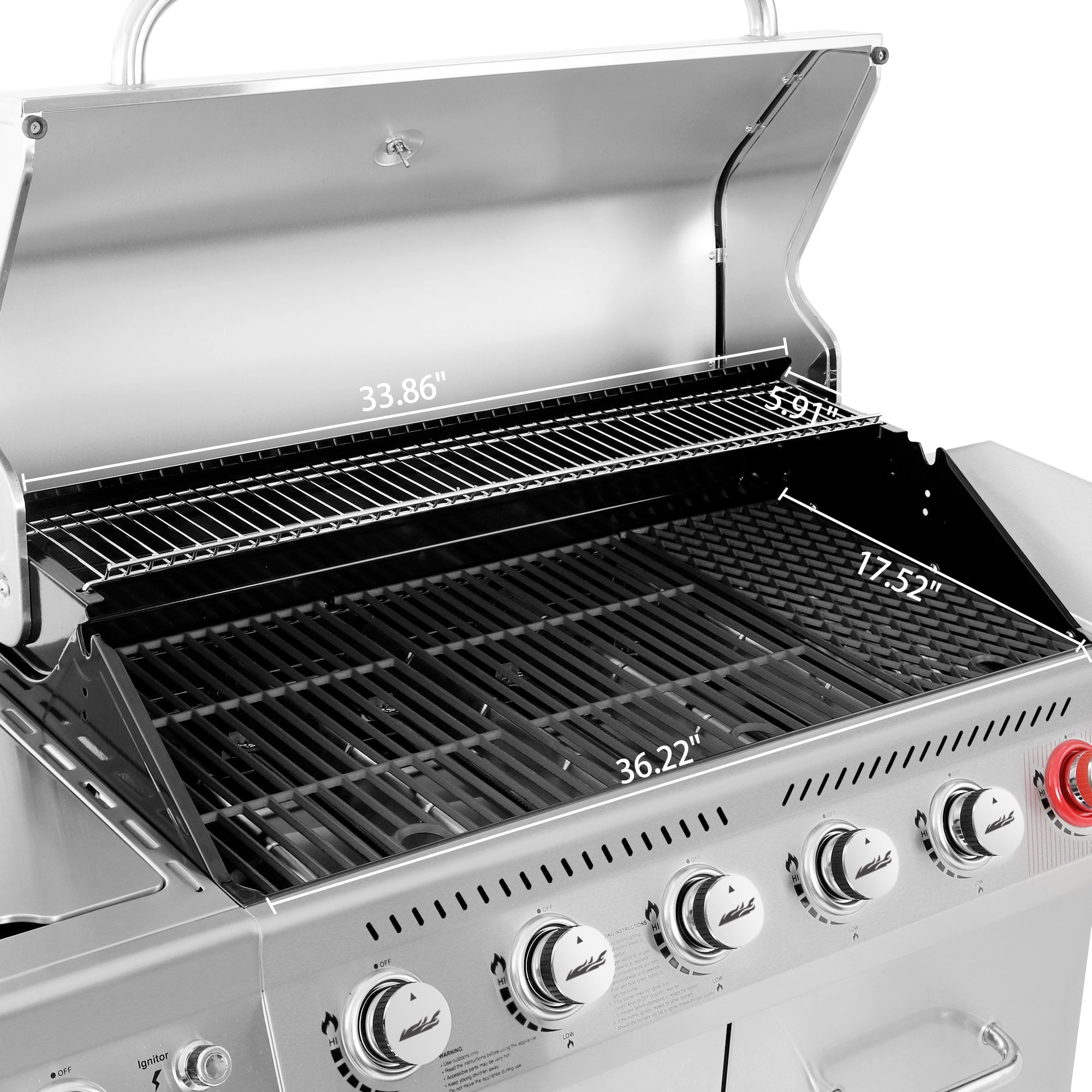 Gourmet GA6402S Stainless Steel Gas Grill. Premier 6-Burner BBQ Grill with Sear Burner and Side Burner. 74.000 BTU. Cabinet Style. Outdoor Party Grill. Silver