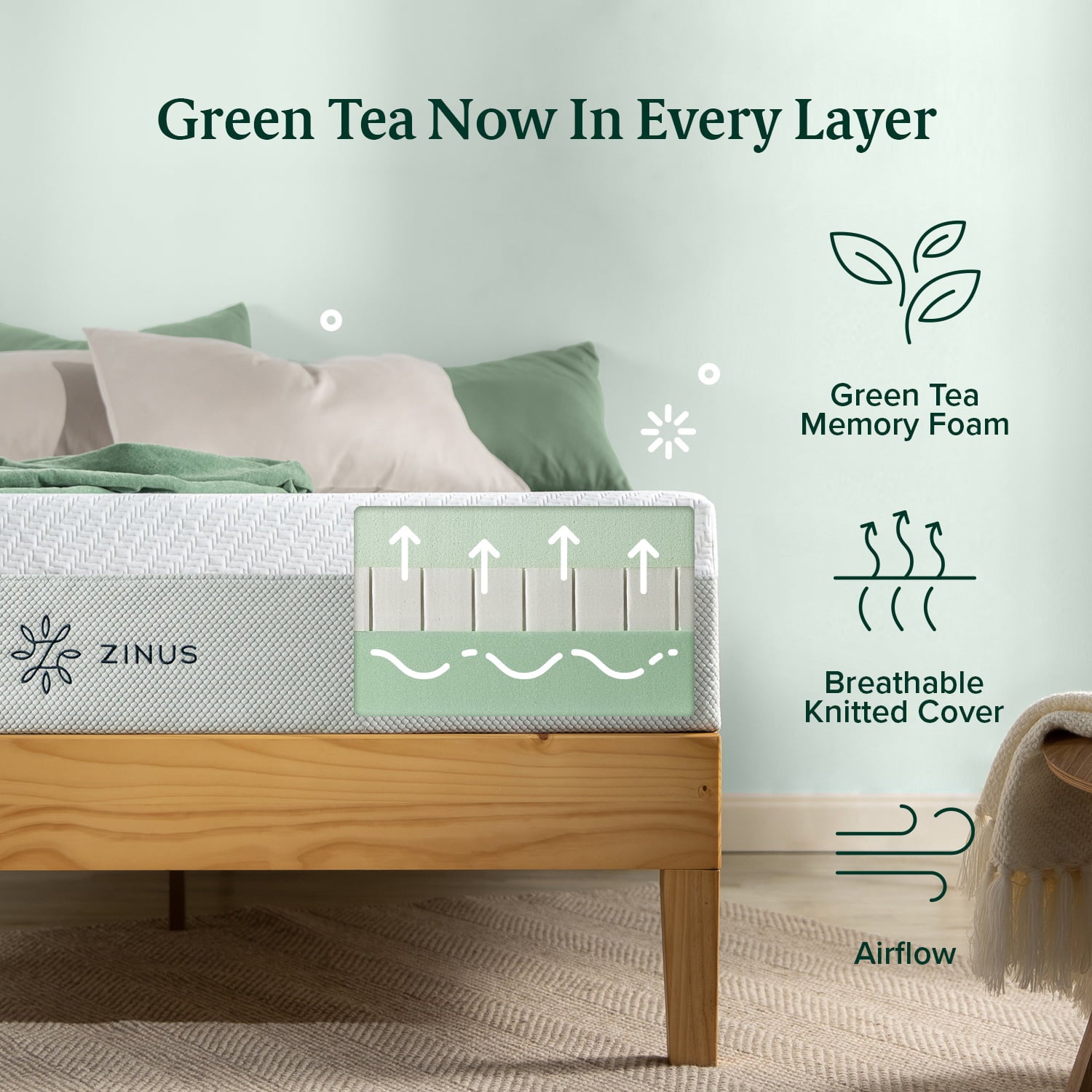 12�� Green Tea Luxe Memory Foam Mattress. Made in the USA of US Foam and Global Materials. Queen