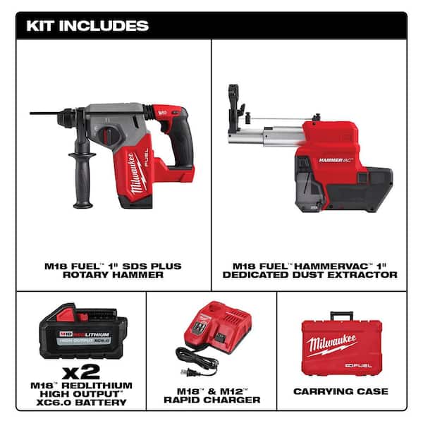 M18 FUEL 18V Lithium-Ion Brushless 1 in. Cordless SDS-Plus Rotary Hammer/Dust Extractor Kit. Two 6.0 Ah Batteries