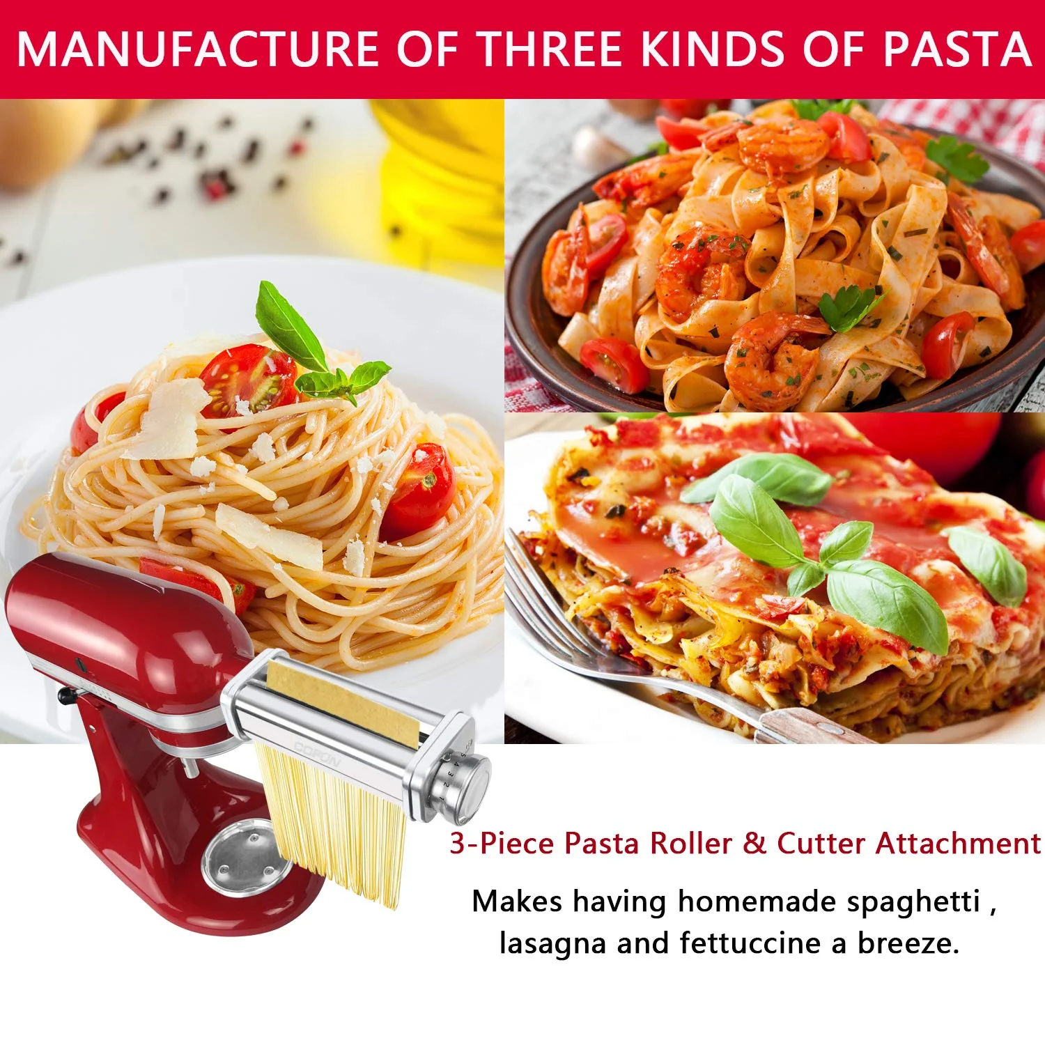 Cofun 3 Piece Pasta Attachment for Kitchenaid Stand Mixer