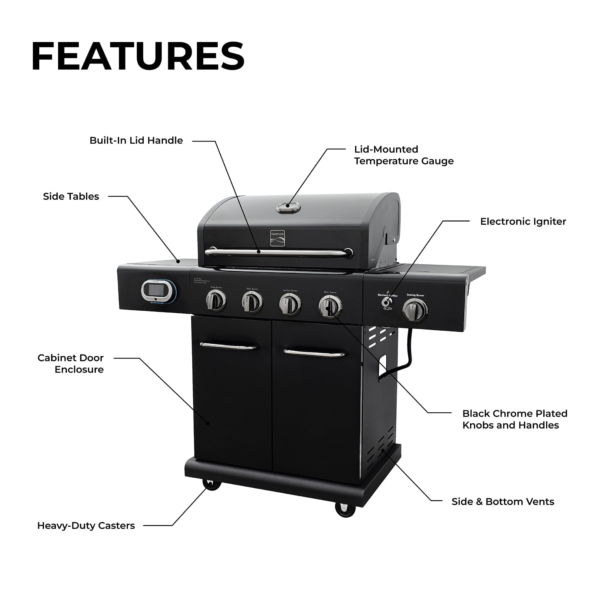 4-Burner Smart Gas Grill with Side Searing Burner. Black with Chrome Accents