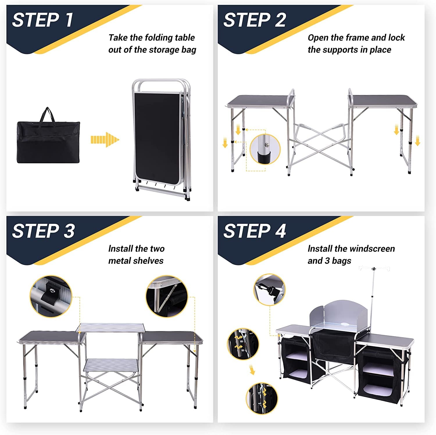 C Camping Kitchen Table. Folding Table. Upgrade Light Stand and Windshield Cooking Station & 3 Organizers. Carry Bag for Outdoor. Beach. BBQ. Picnic. Cooking. Indoor. Office