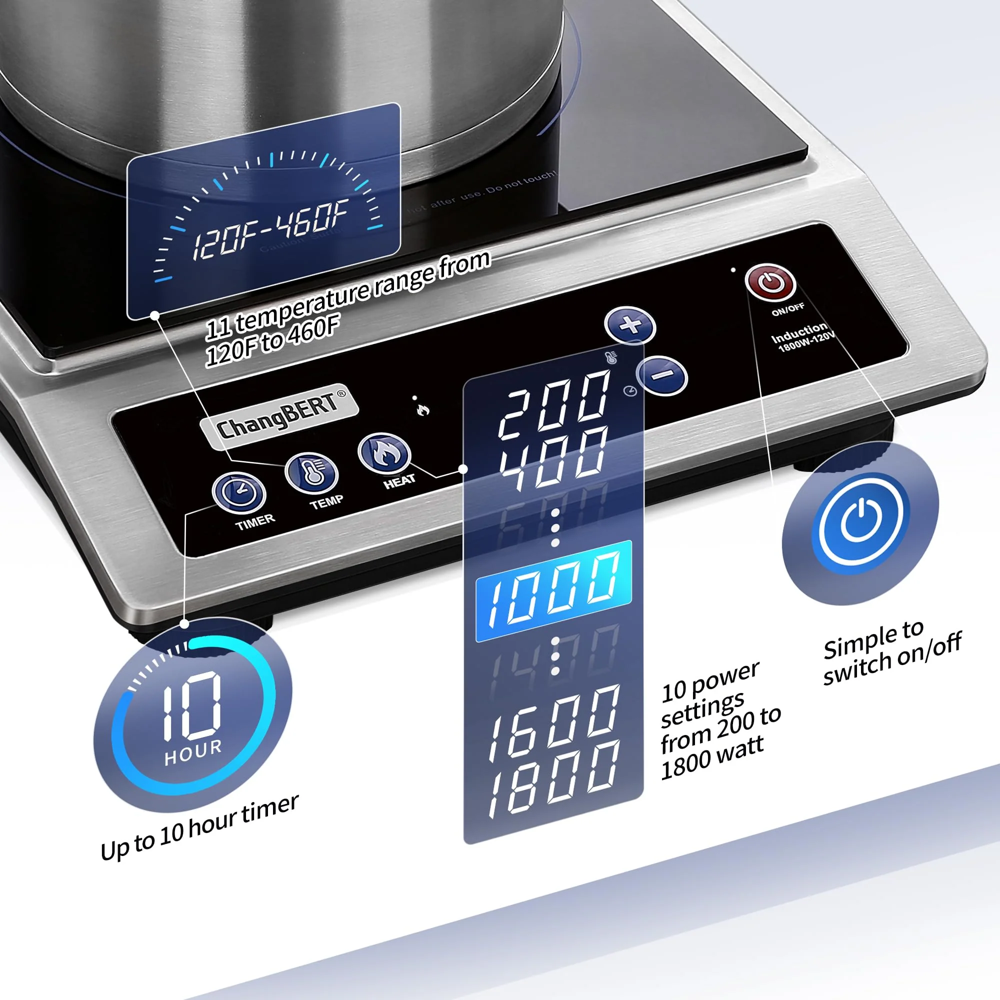 ChangBERT 1800W Induction Cooktop. Commercial Portable Cooker
