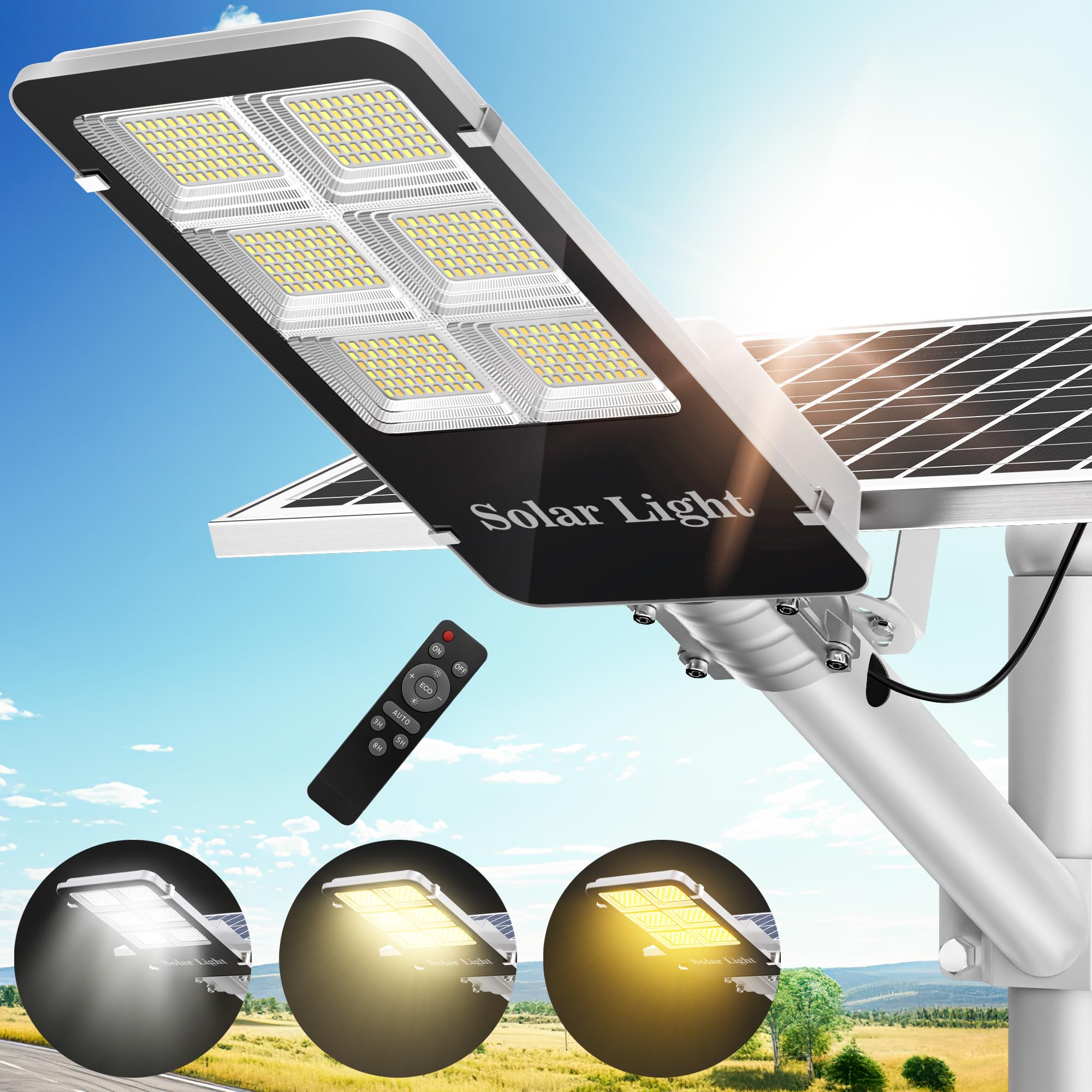 Tri-Color Solar Street Lights Outdoor - 5800W Solar Parking Lot Lights Commercial with 3 Color Temperatures, Solar Street Light Dusk to Dawn Street Lights Solar Powered for Outside Yard Garden