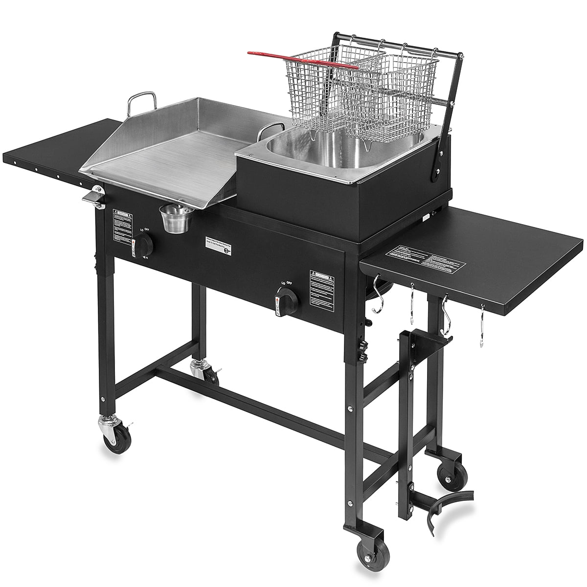 58.000 BTU Outdoor Gas Propane Double Burner Stove Cook Station Flat Top Griddle & Deep Fryer BBQ Grill Camp Side Table