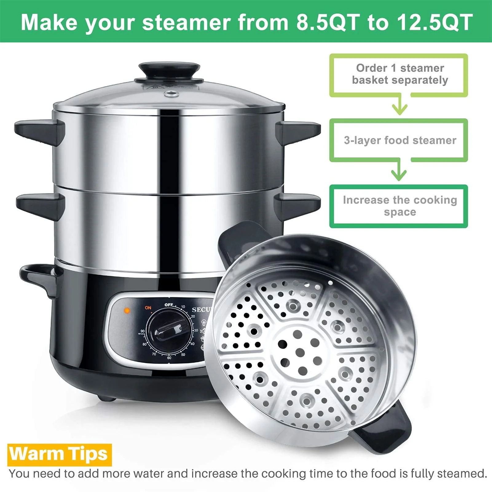 Secura 8.5 Qt Electric Stainless Steel Food Steamer