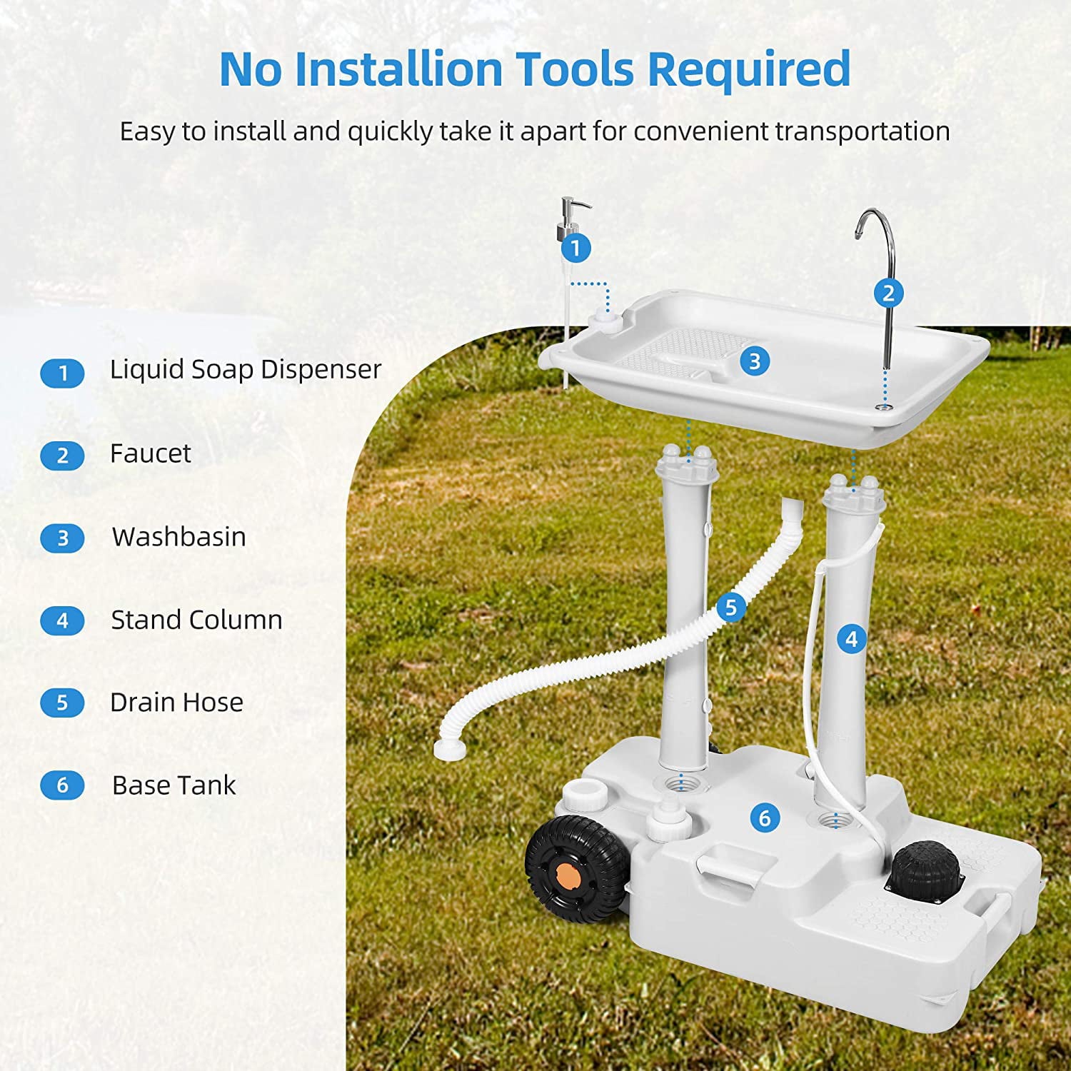 Portable Camping Sink with Rolling Wheels. Hand Washing Station with 30 L Water Capacity. Soap Dispenser. Towel Holder. Ideal for Outdoor