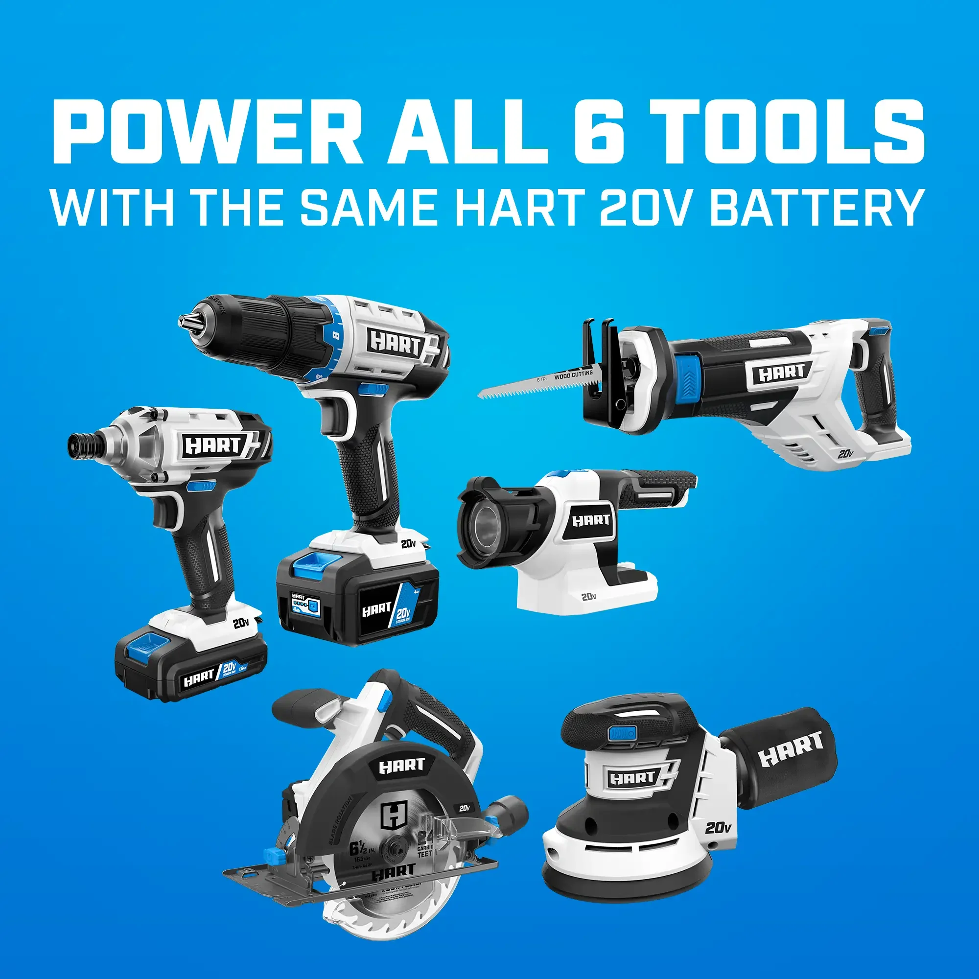 HART 20-Volt Cordless 6-Tool Combo Kit (1) 4.0Ah (1) 1.5Ah Lithium-Ion Batteries - MadeInUSA