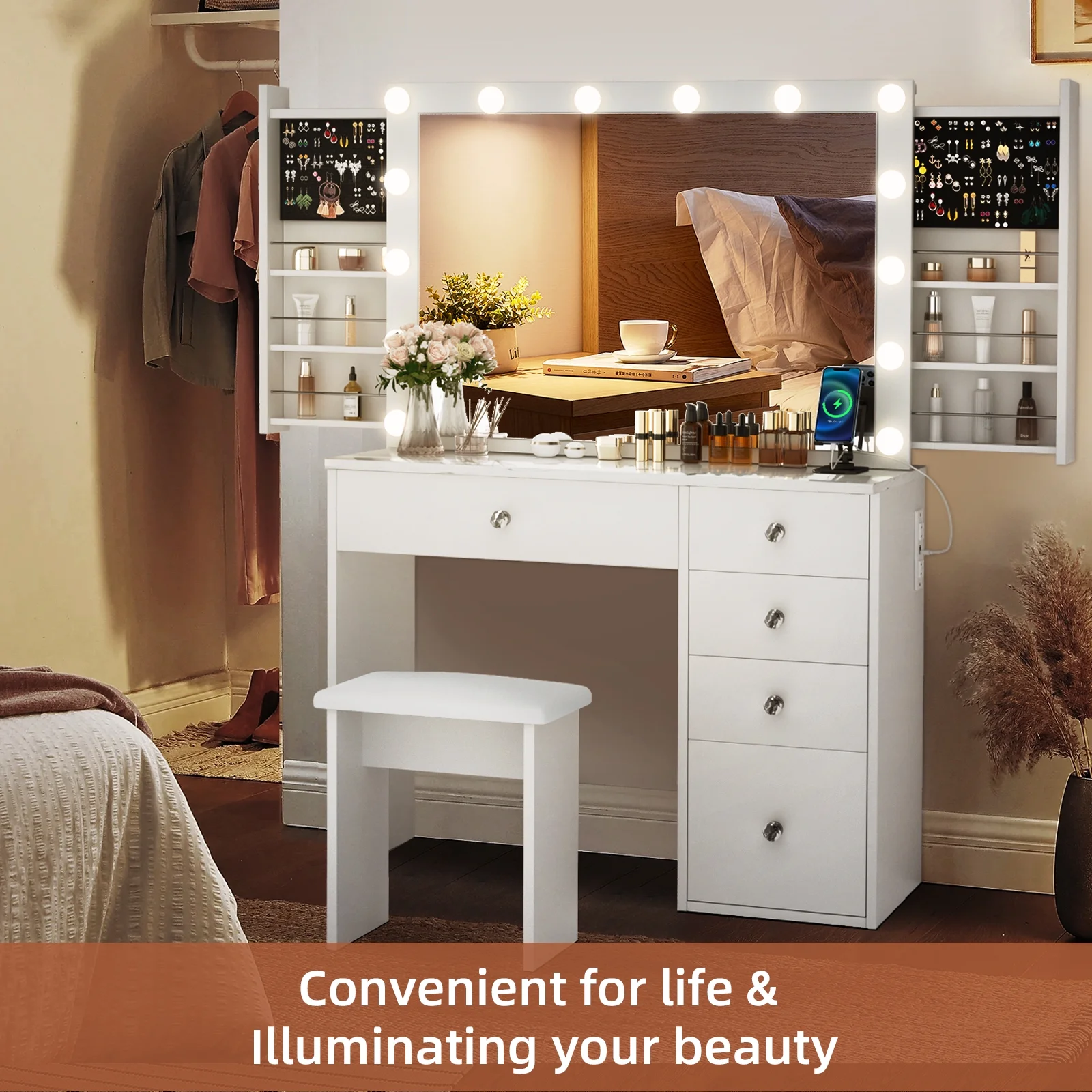 RichYa Modern Vanity Desk Makeup Table with Large LED Mirror and Power Outlet with 2 Sliding Storage White Marble - MadeInUSA