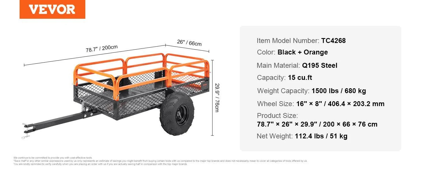 VEVOR Heavy Duty Steel ATV Dump Trailer. 1500-Pound Load Capacity 15 Cubic Feet. Tow Behind Dump Cart Garden Trailer. with Removable Sides and 2 - MadeInUSA