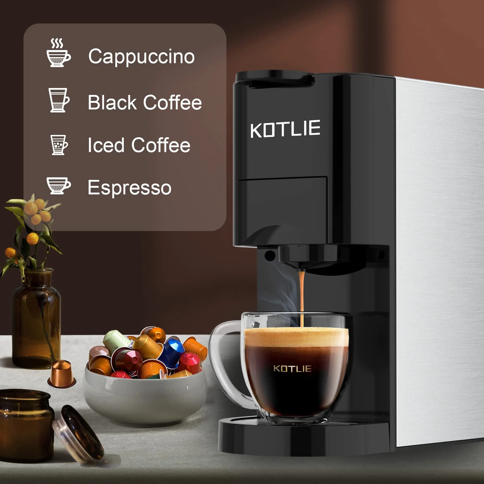 KOTLIE Single Serve Coffee Maker. 4 in 1 Espresso Machine